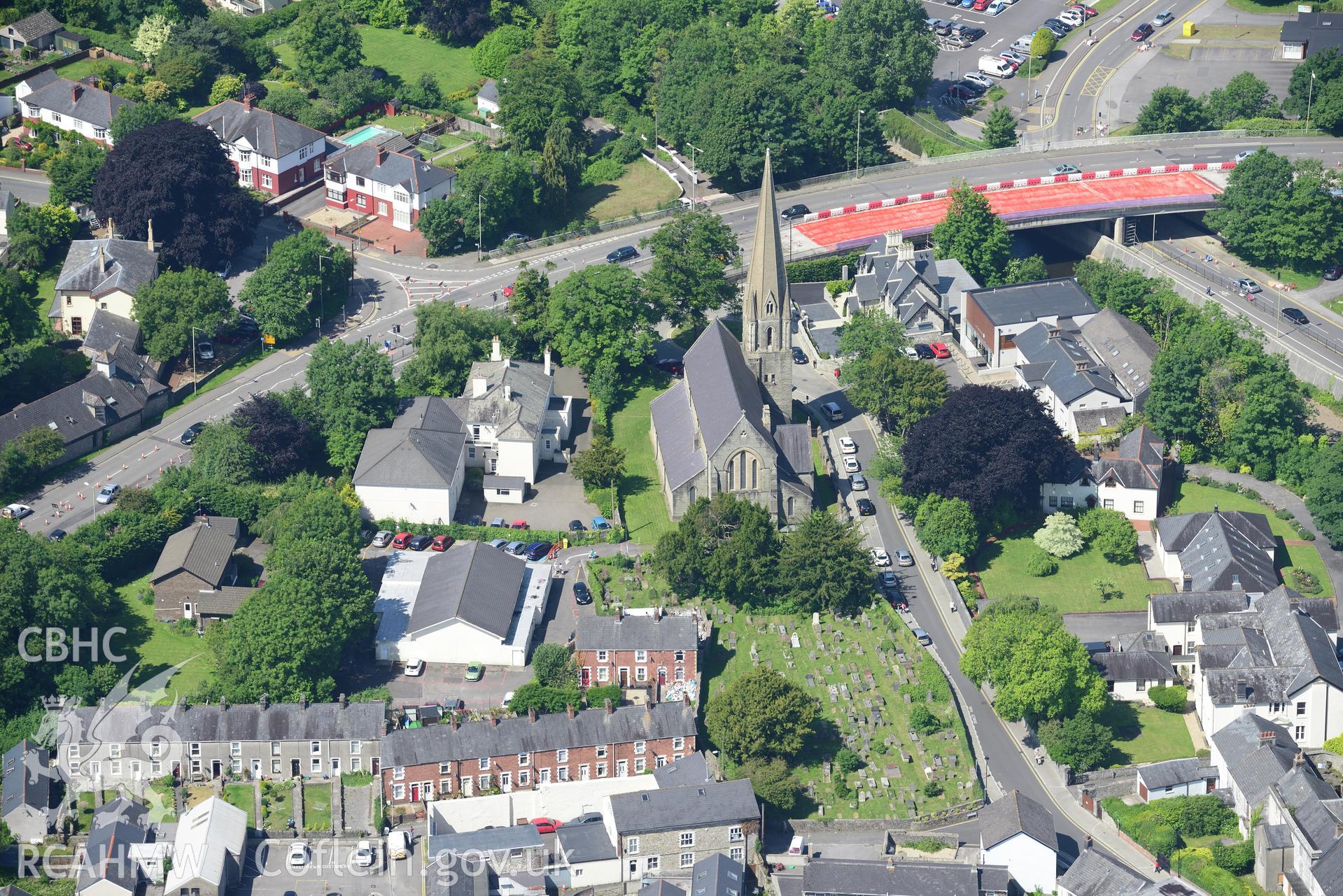 St. Mary's church, Bridgend. Oblique aerial photograph taken during the Royal Commission's programme of archaeological aerial reconnaissance by Toby Driver on 19th June 2015.