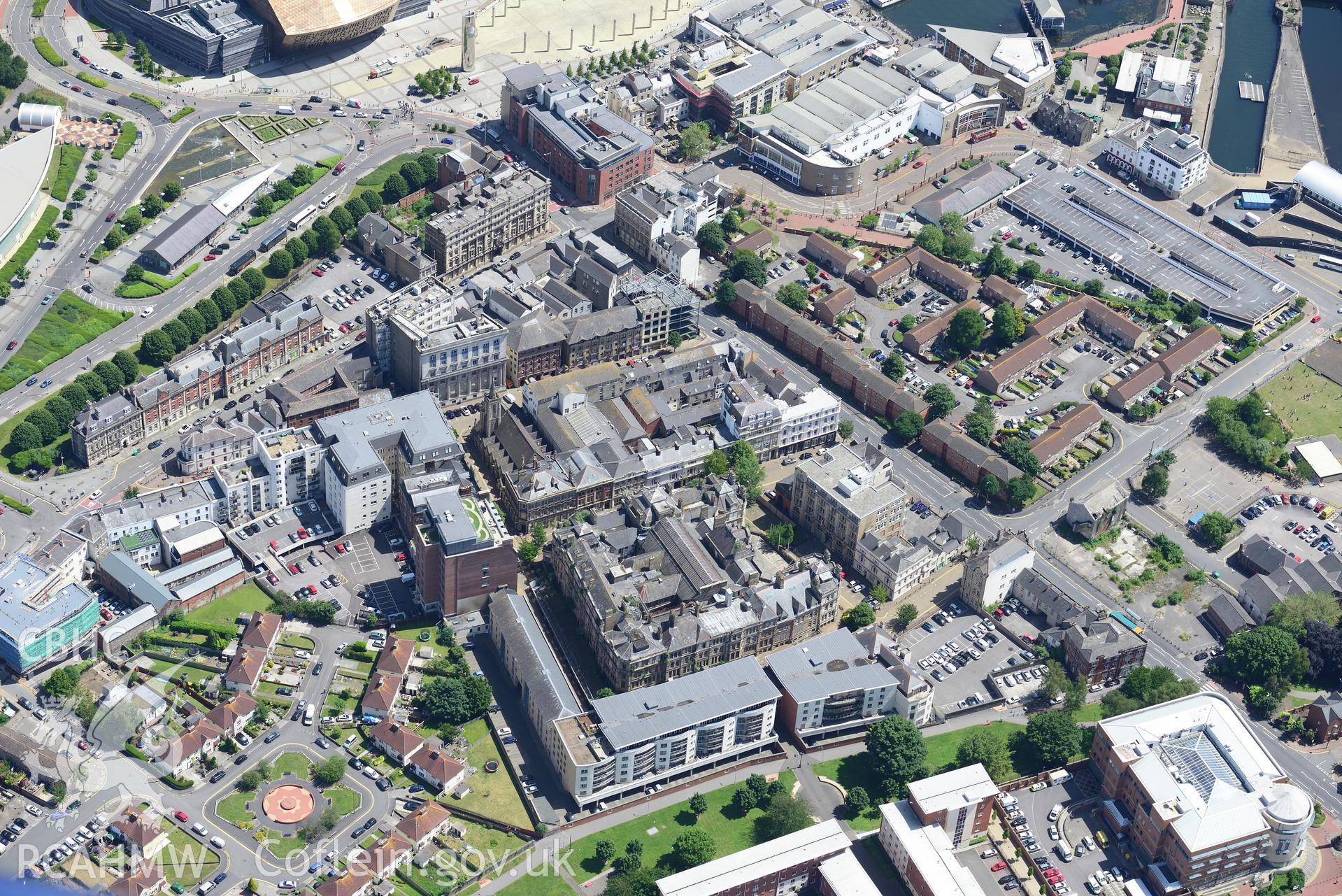 The old Coal Exchange and Baltic House, Mount Stuart Square, Butetown, Cardiff Bay. Oblique aerial photograph taken during the Royal Commission's programme of archaeological aerial reconnaissance by Toby Driver on 29th June 2015.