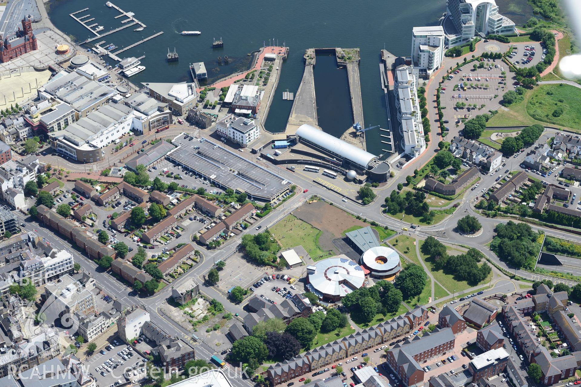 Mountstuart Primary School, Techniquest and St. David's Hotel, Butetown, Cardiff Bay. Oblique aerial photograph taken during the Royal Commission's programme of archaeological aerial reconnaissance by Toby Driver on 29th June 2015.