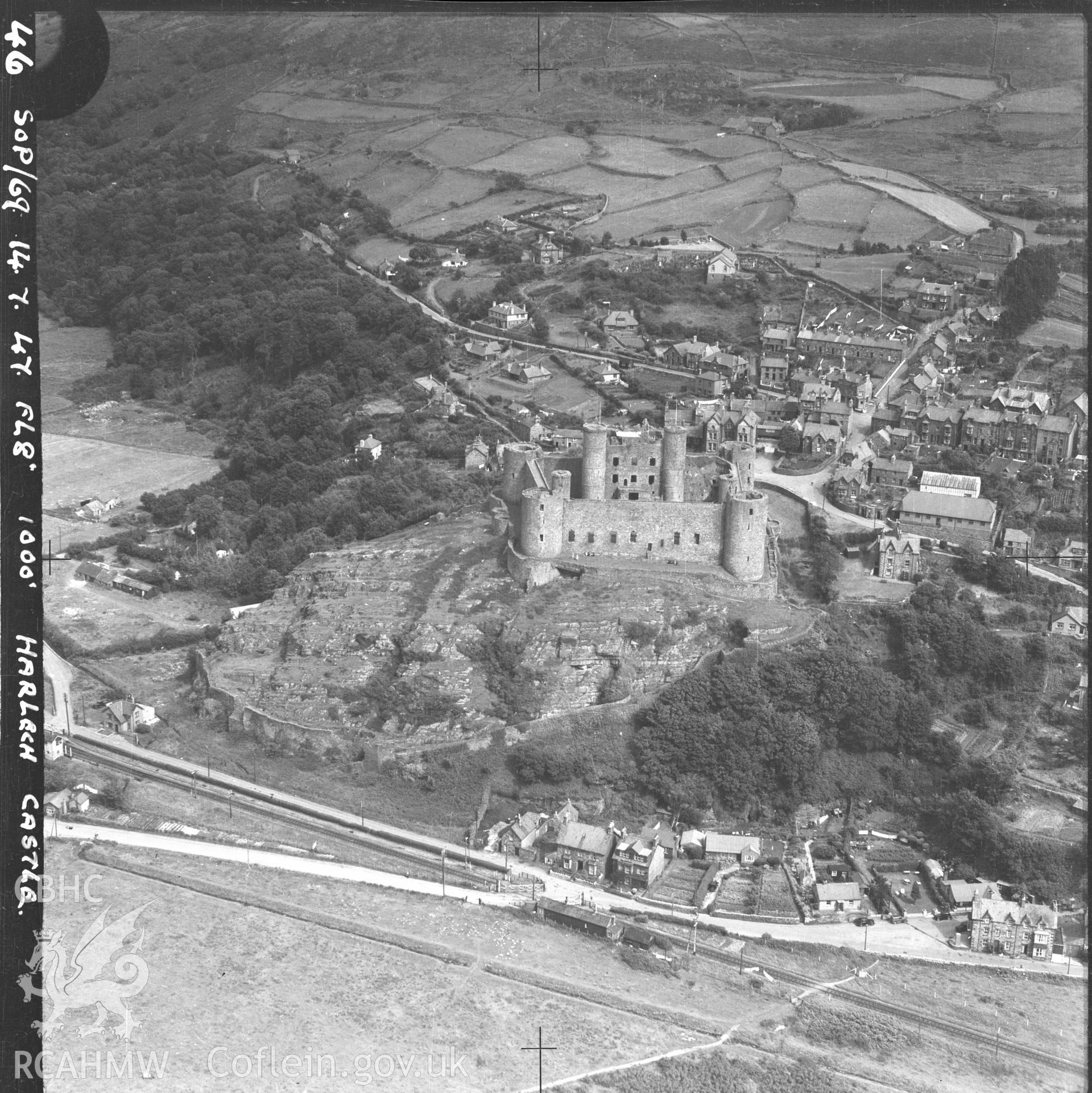 Digital copy of a nitrate negative showing view of Harlech Castle, dated 1947.