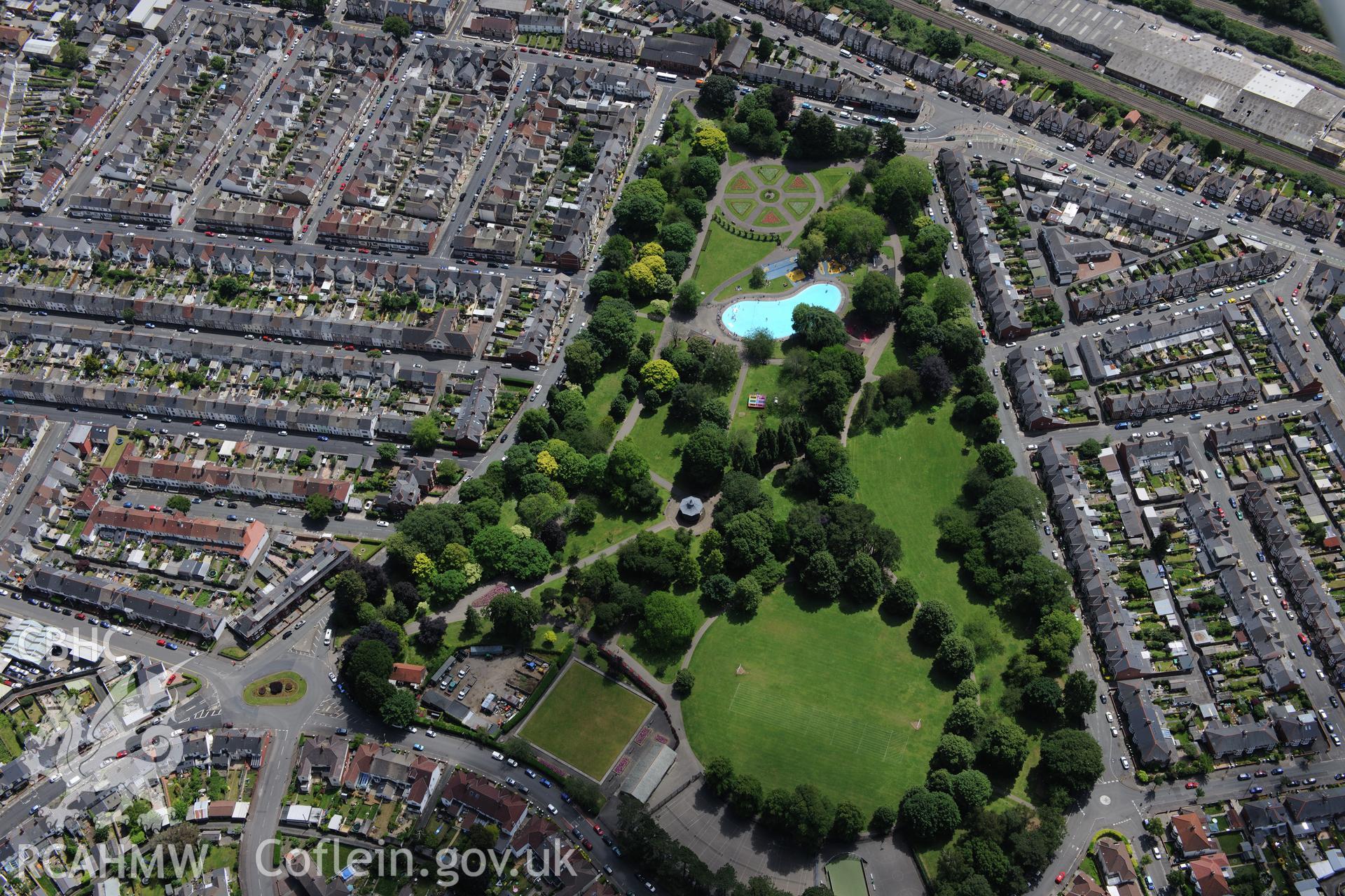 Victoria Park grounds and fountain canopy, Cardiff. Oblique aerial photograph taken during the Royal Commission's programme of archaeological aerial reconnaissance by Toby Driver on 29th June 2015.
