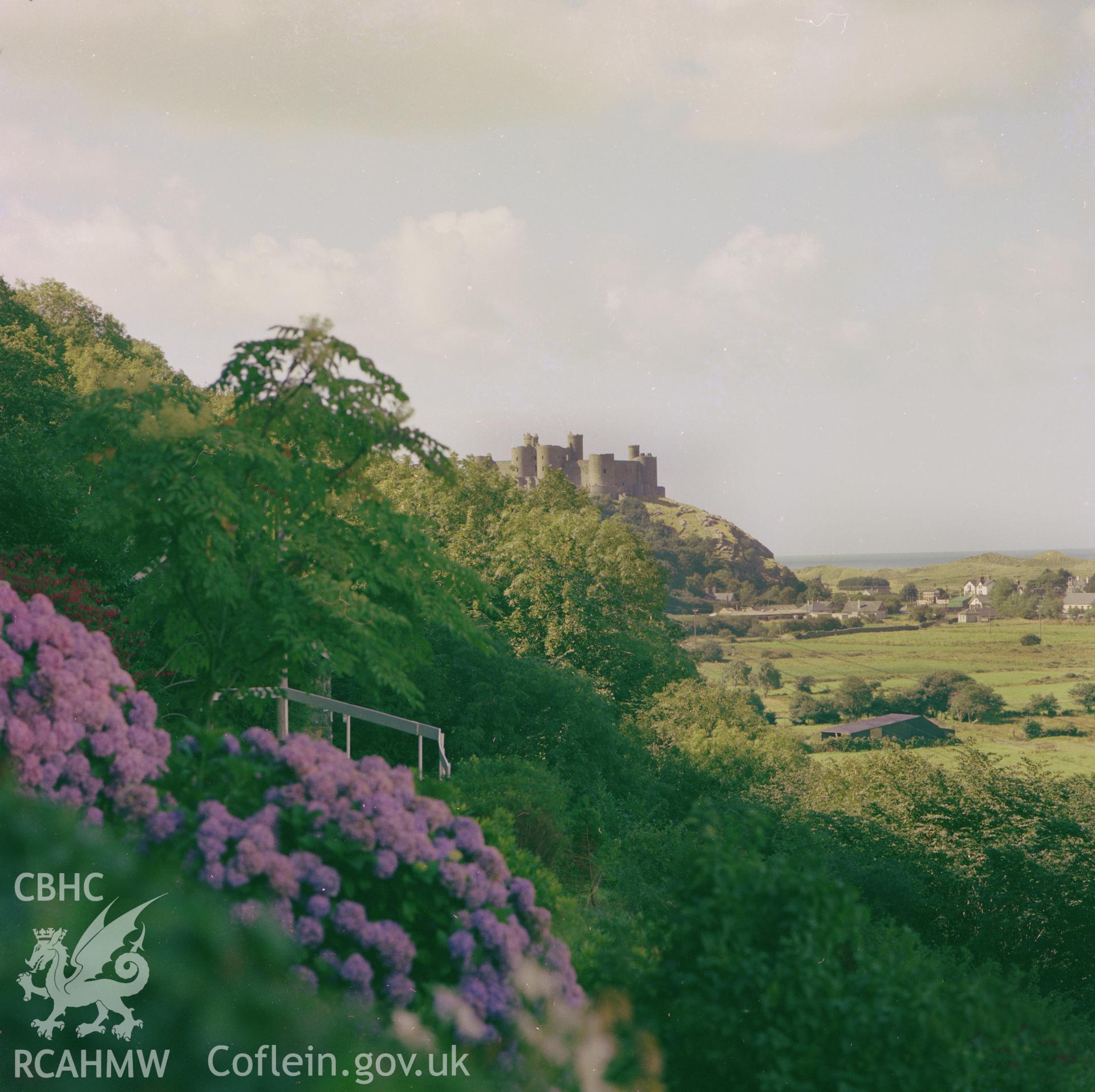 Digital copy of a colour negative showing general view of Harlech Castle.