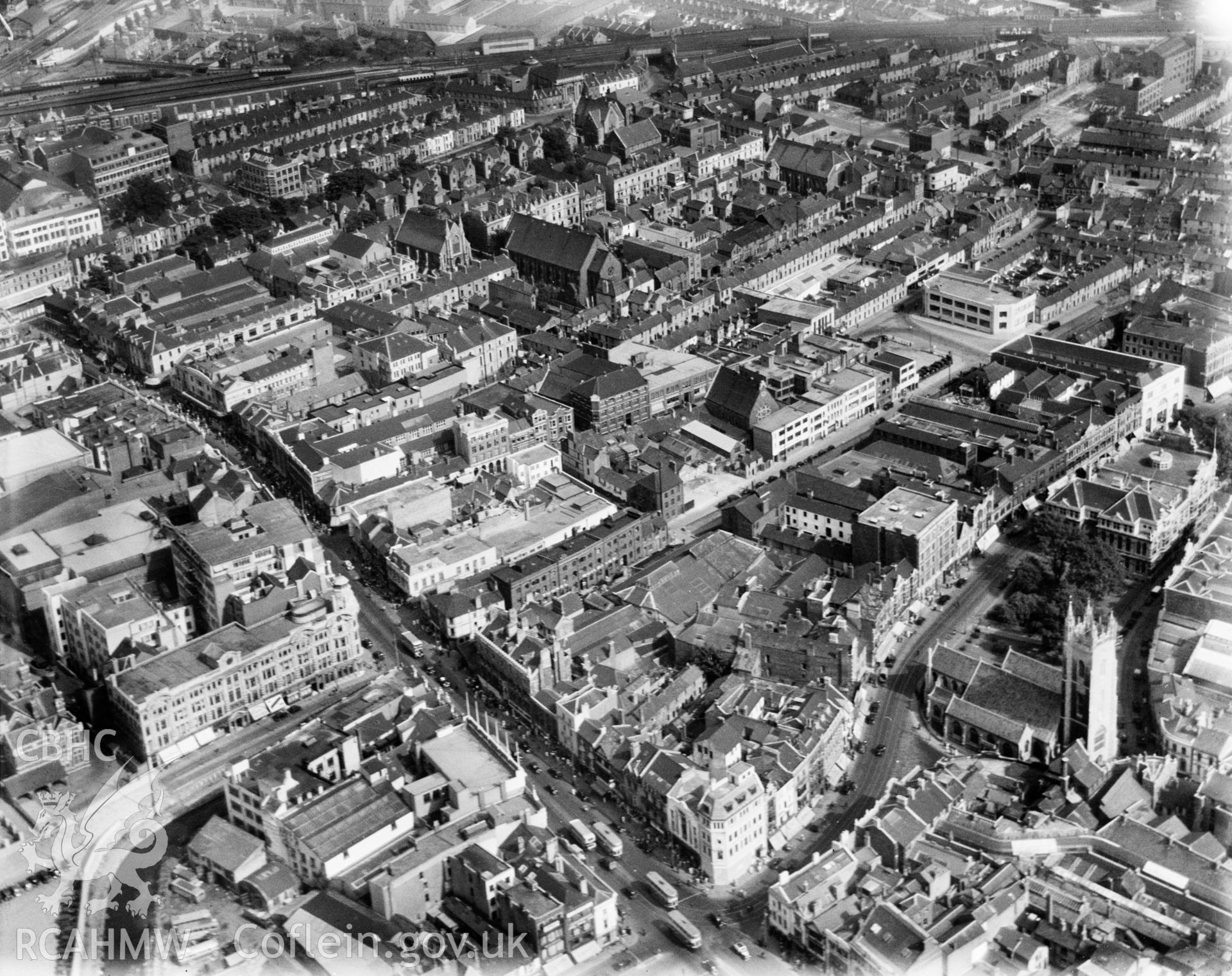 View of central Cardiff, oblique aerial view. 5?x4? black and white glass plate negative.