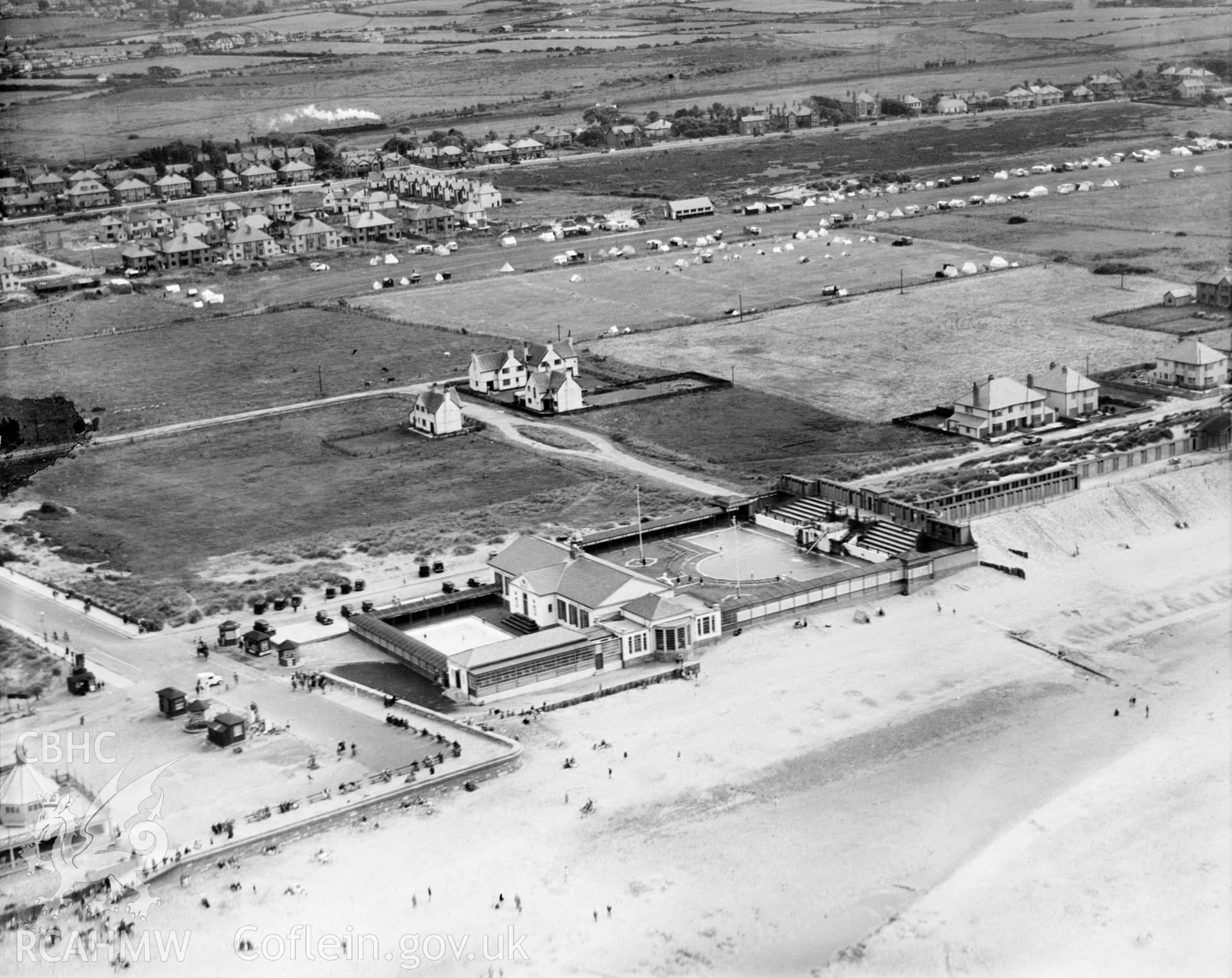View of Prestatyn showing the newly built Lido, oblique aerial view. 5?x4? black and white glass plate negative.
