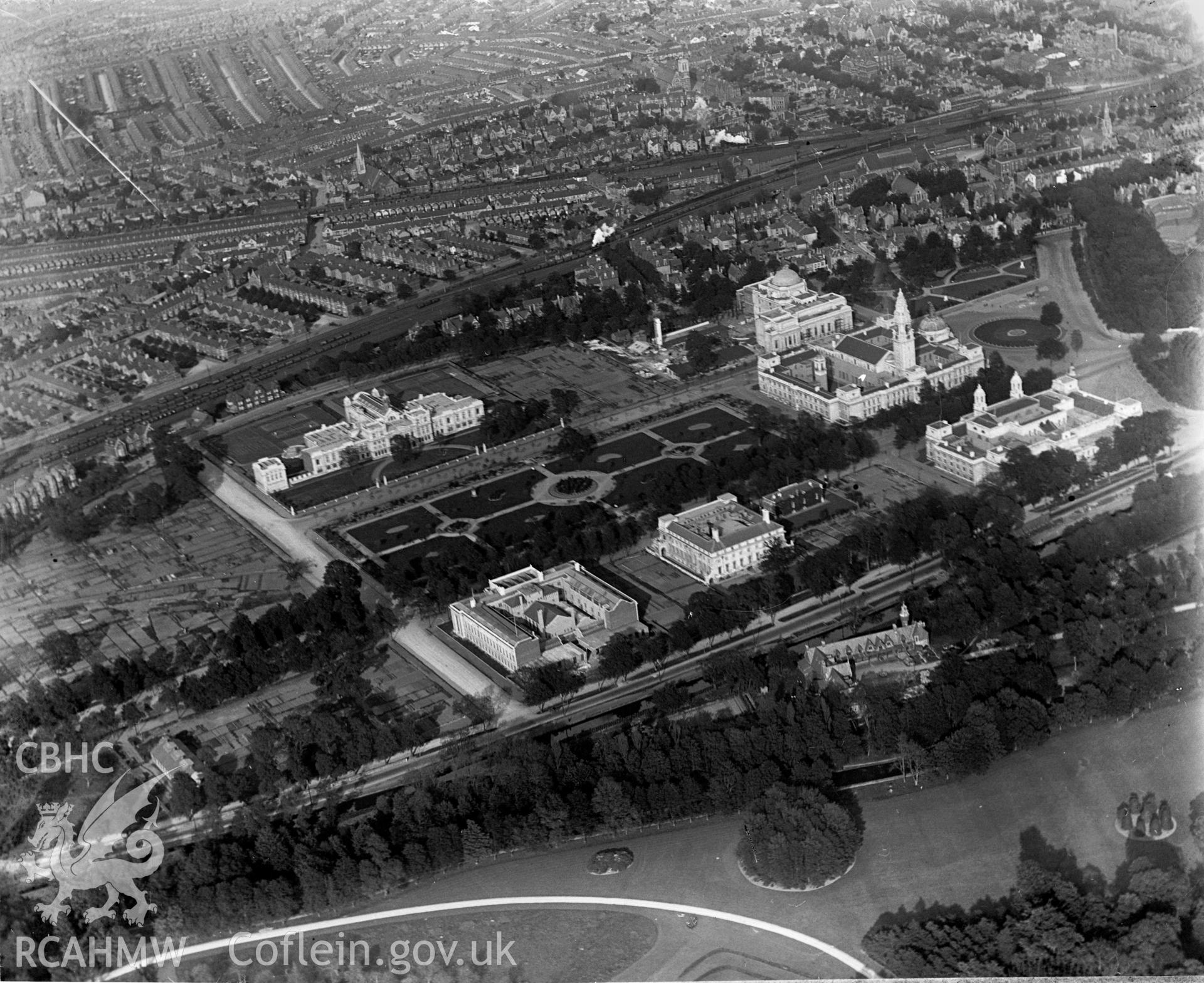 View of Cathays Park and Civic Centre, oblique aerial view. 5?x4? black and white glass plate negative.