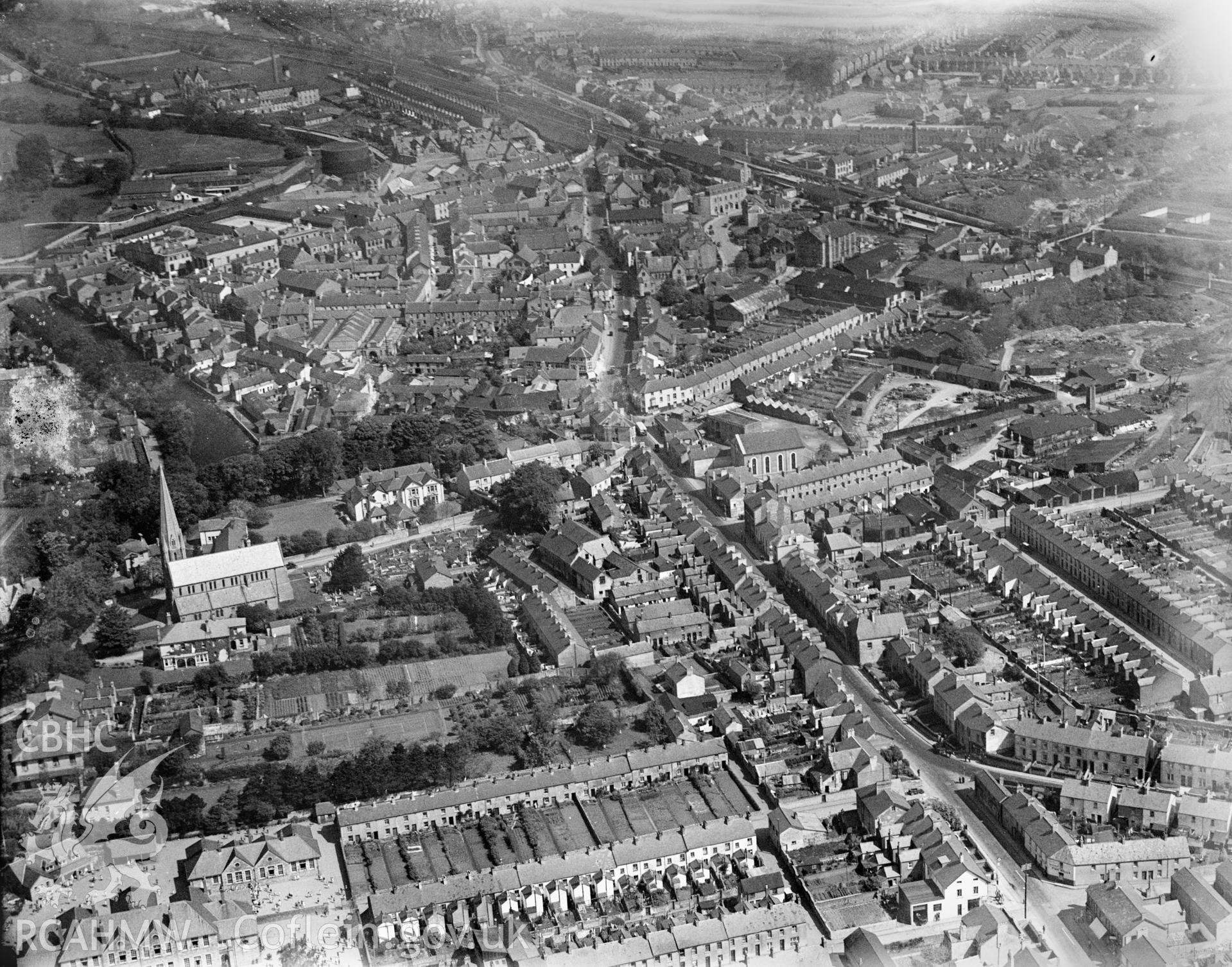 View of Bridgend showing St Marys church and Hermon chapel, oblique aerial view. 5?x4? black and white glass plate negative.