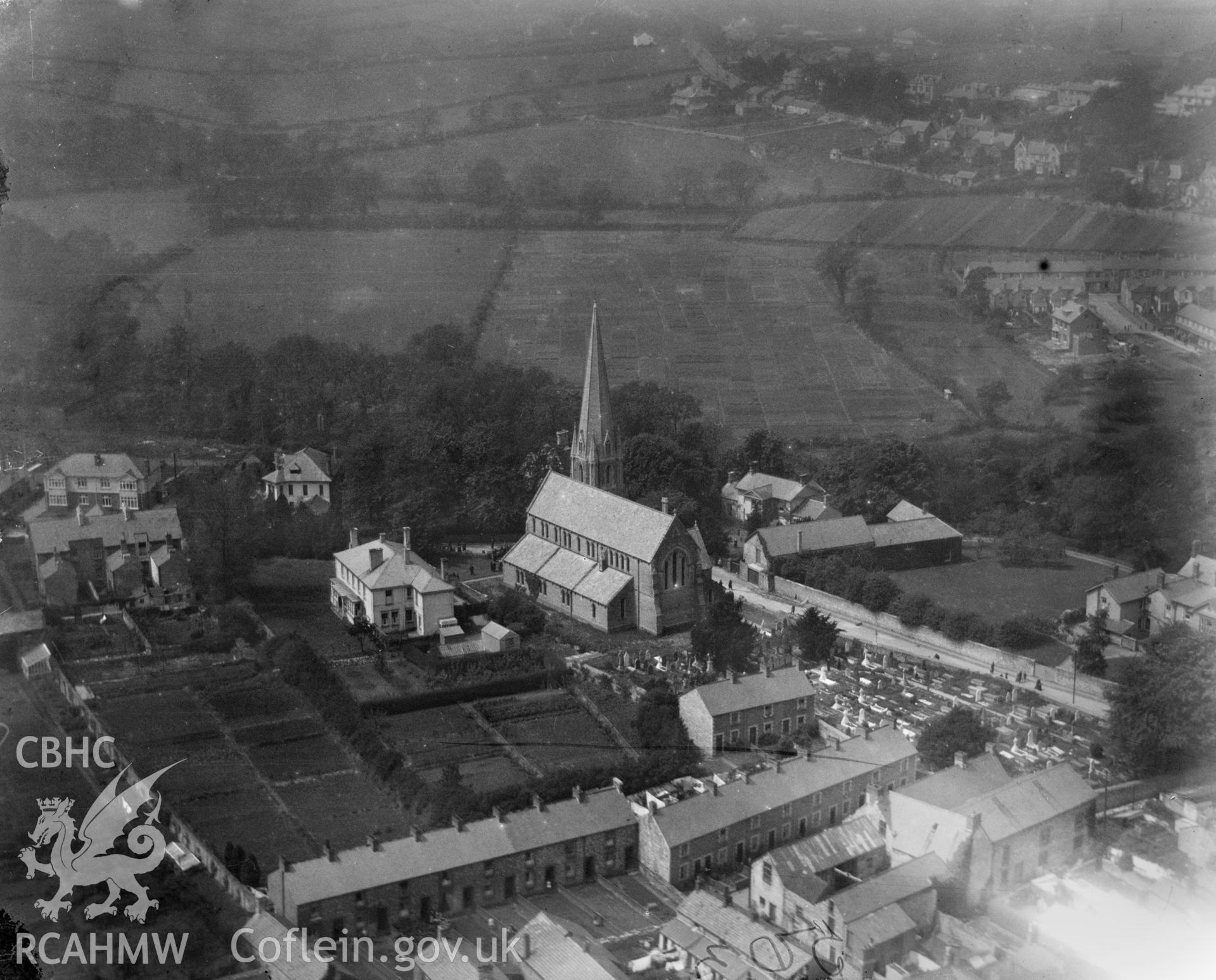 View of Bridgend showing unidentified church, oblique aerial view. 5?x4? black and white glass plate negative.