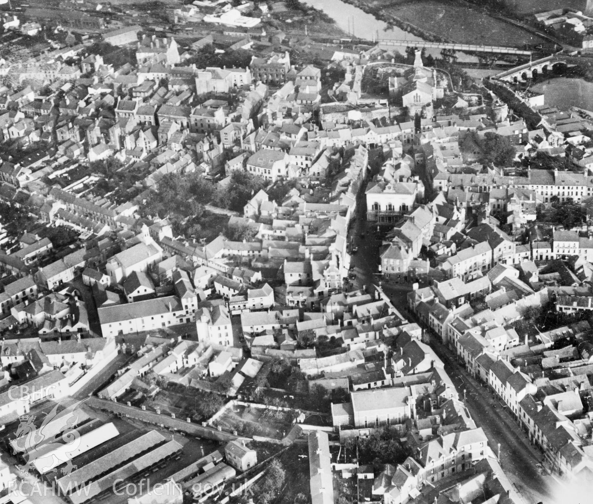 View of central Carmarthen. Oblique aerial photograph, 5?x4? BW glass plate.
