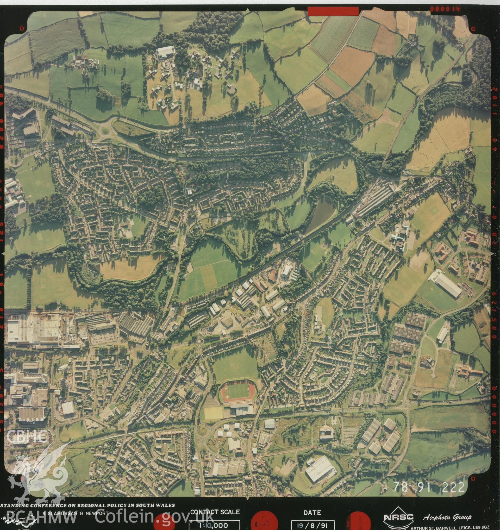 Colour aerial photograph of Cwmbran, taken on 19th August 1991. Included as part of Archaeology Wales' desk based assessment of former Llantarnam Community Primary School, Croeswen, Oakfield, Cwmbran, conducted in 2017.