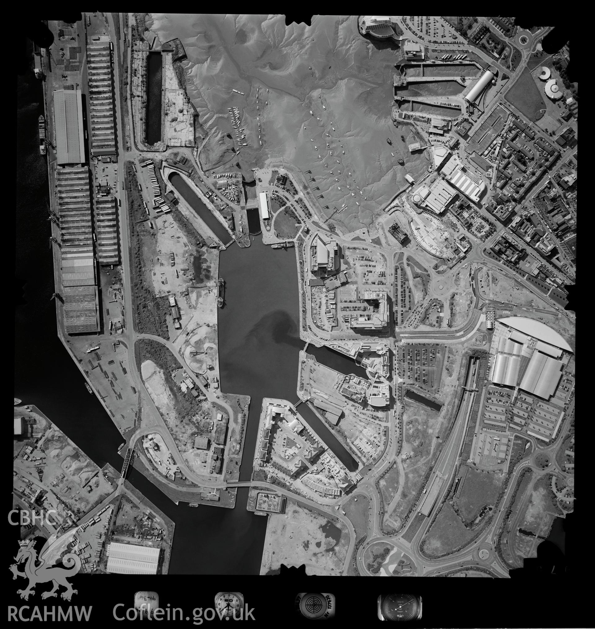 Digitized copy of an aerial photograph showing Cardiff Bay area, taken by Ordnance Survey, 1999.