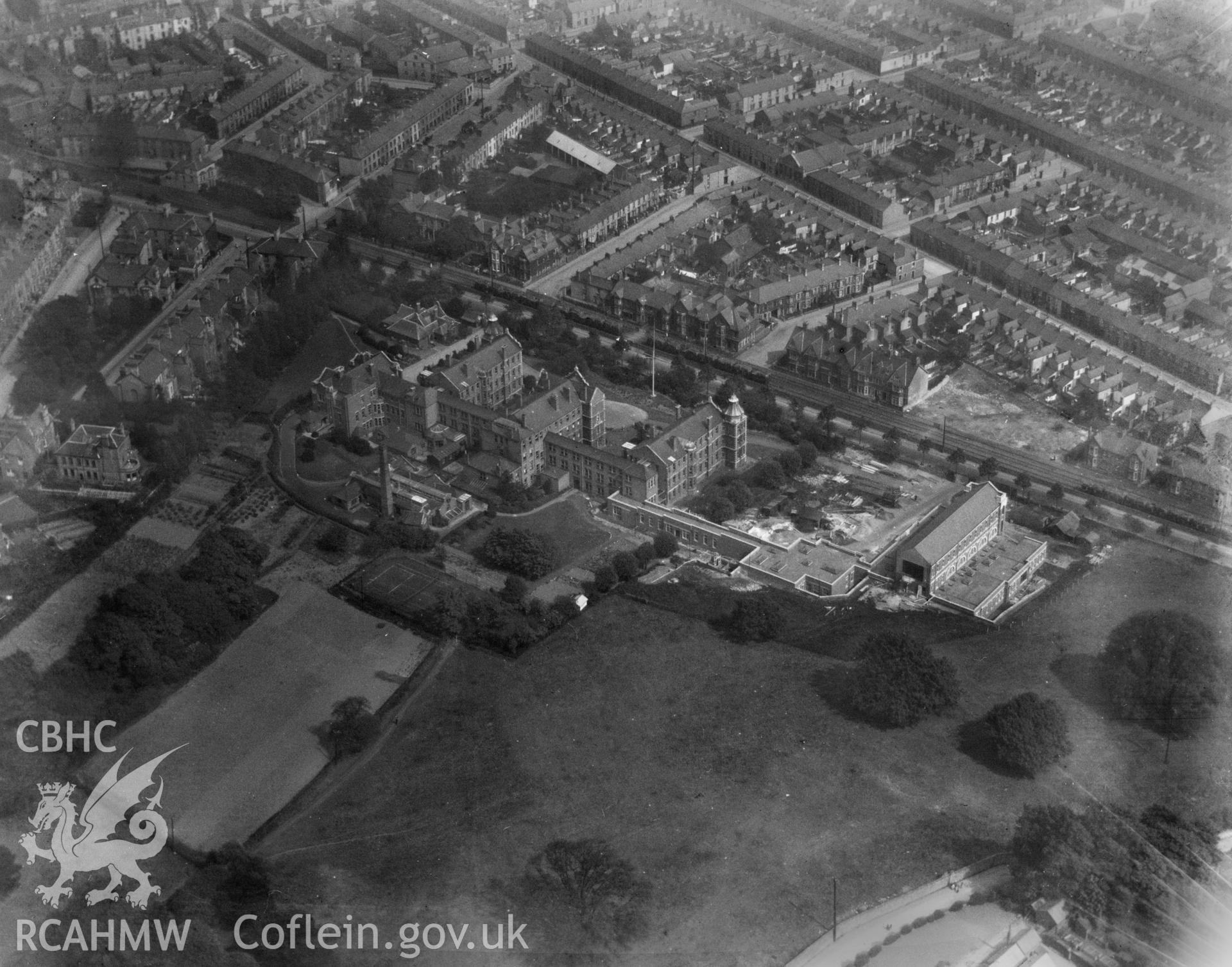 View of Cardiff showing Royal Infirmary, oblique aerial view. 5?x4? black and white glass plate negative.