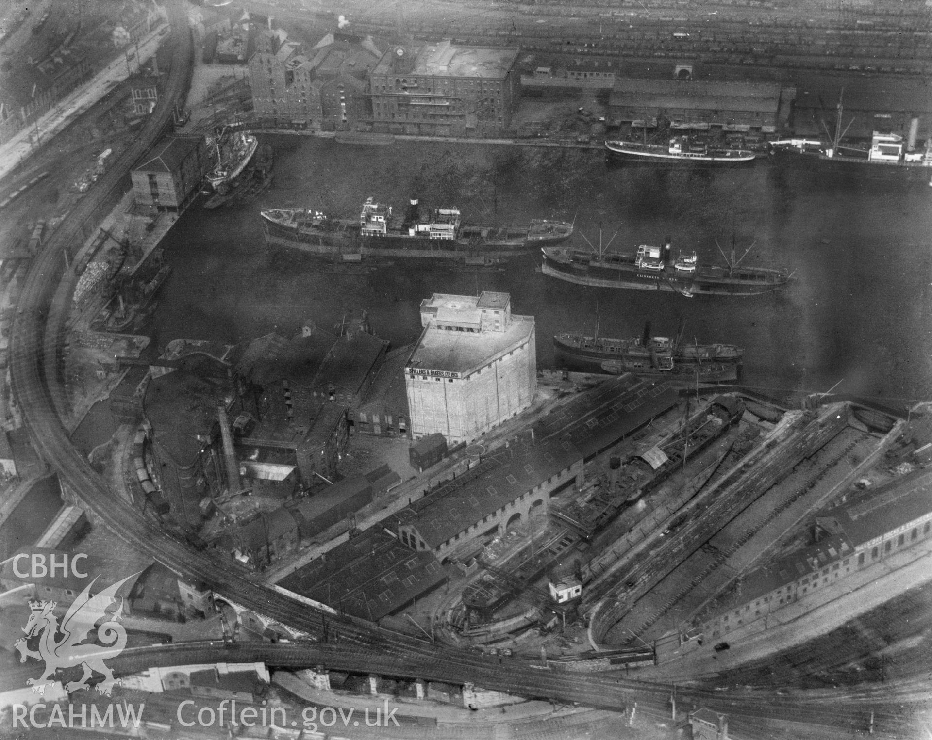 View of Cardiff East Bute Dock showing new Spillers biscuit factory, oblique aerial view. 5?x4? black and white glass plate negative.