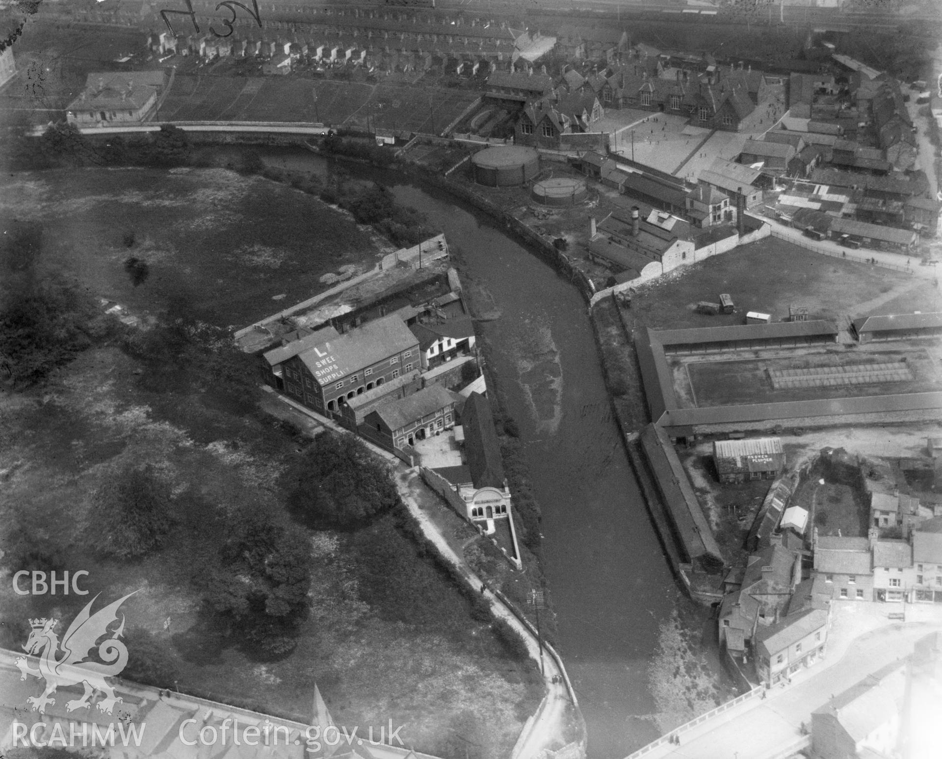 View of Bridgend showing sweet factory, oblique aerial view. 5?x4? black and white glass plate negative.