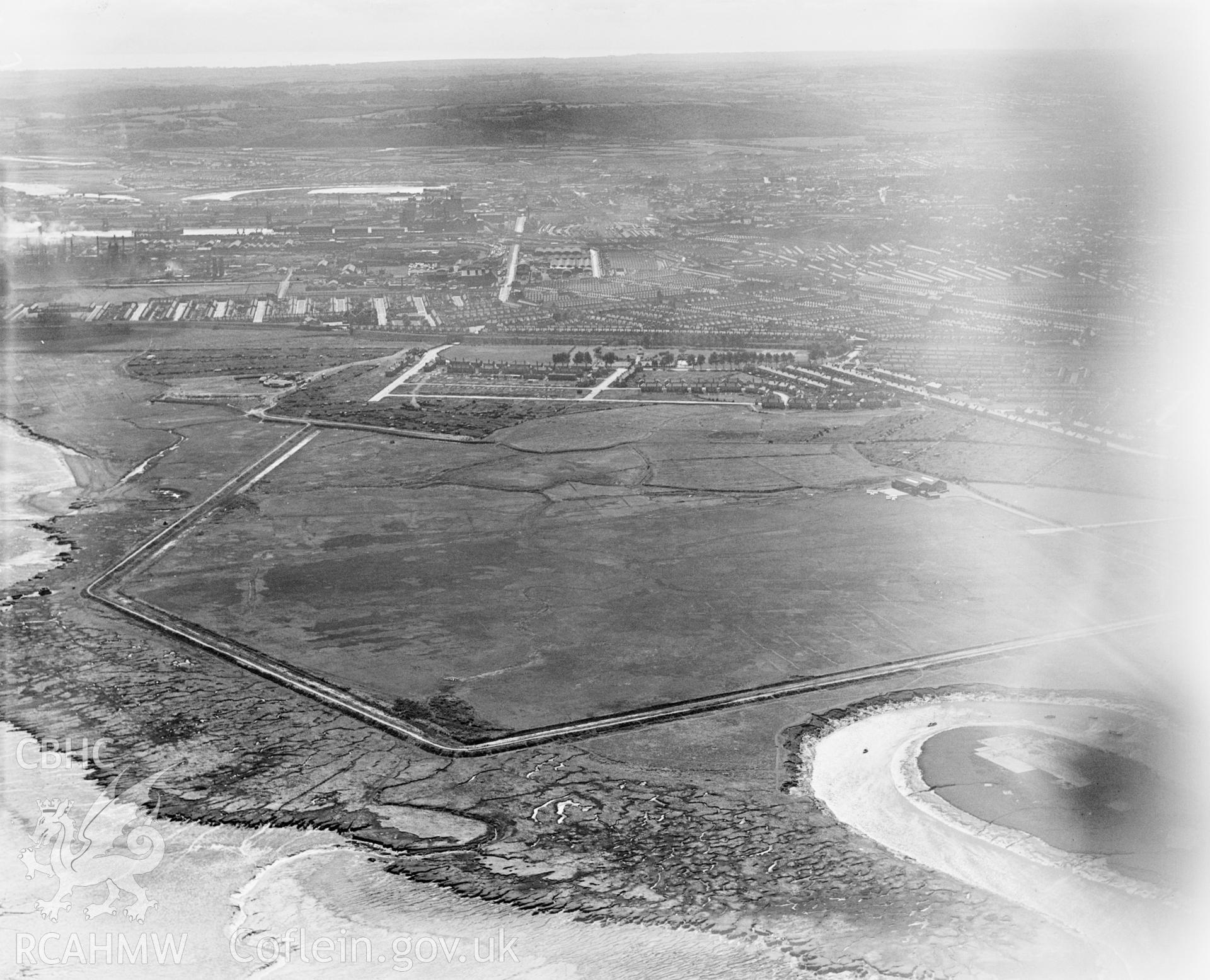 View of Cardiff Airport, oblique aerial view. 5?x4? black and white glass plate negative.