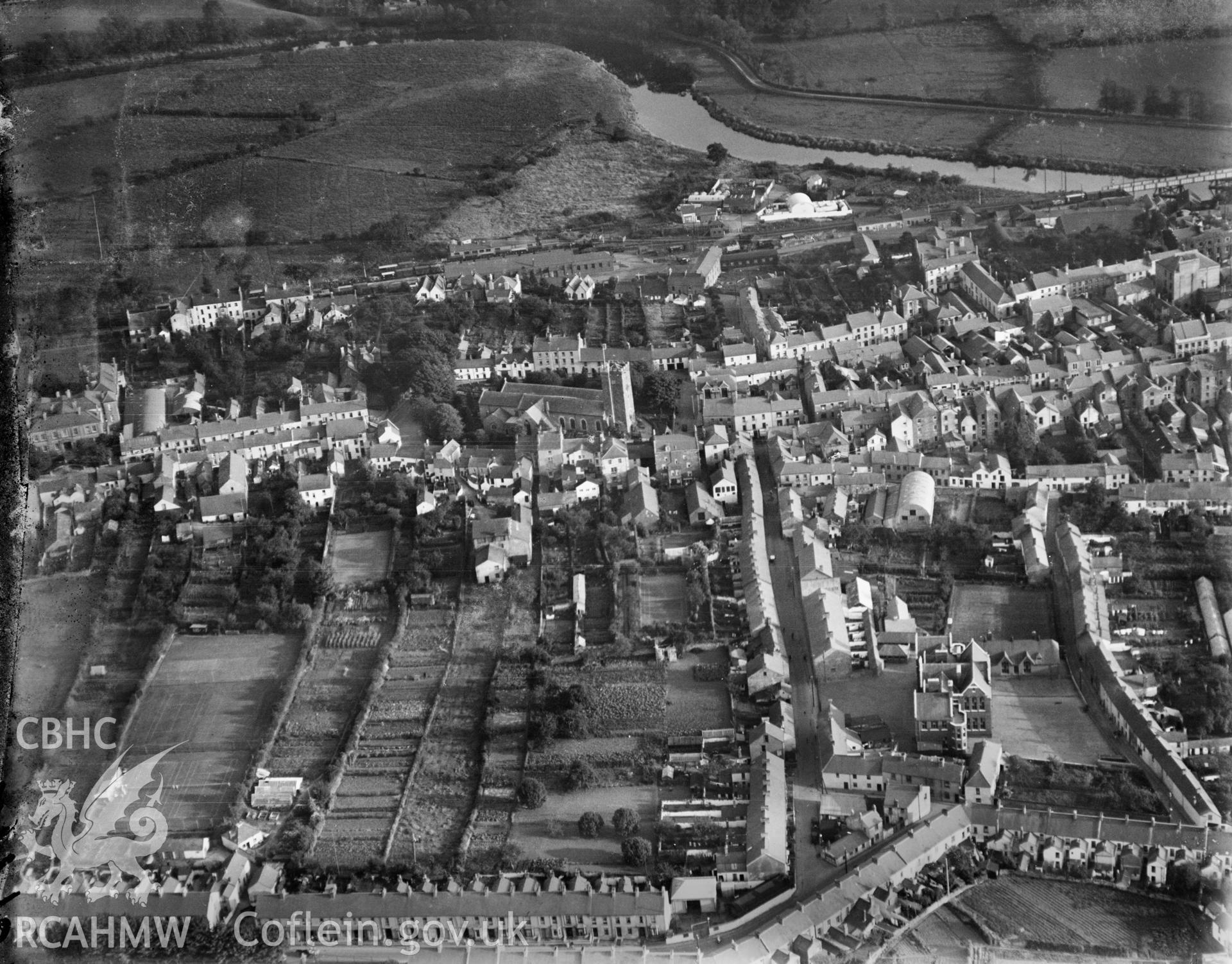 View of Carmarthen, oblique aerial view. 5?x4? black and white glass plate negative.
