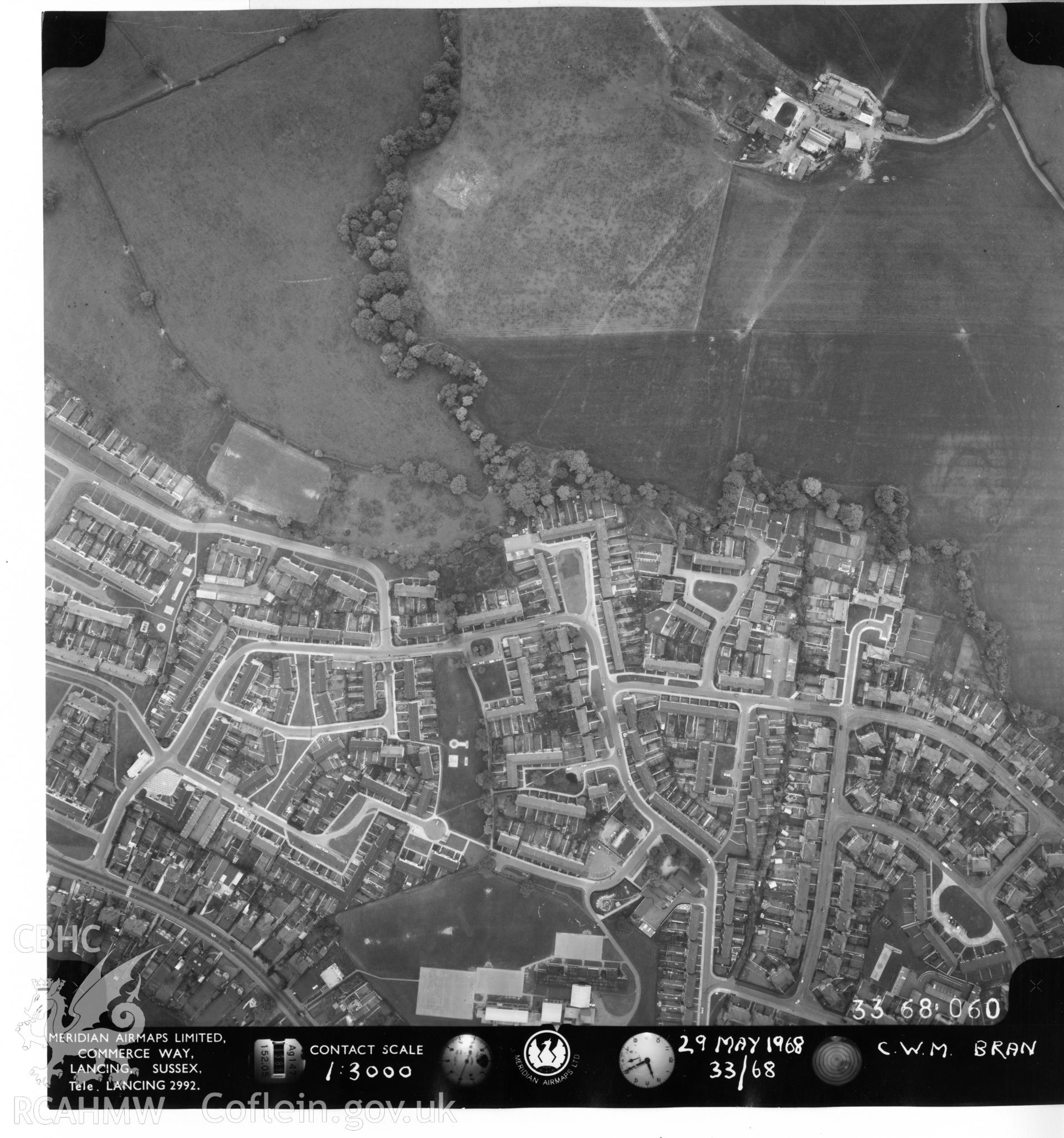 Aerial photograph of Cwmbran, taken on 29th May 1968. Included as part of Archaeology Wales' desk based assessment of former Llantarnam Community Primary School, Croeswen, Oakfield, Cwmbran, conducted in 2017.