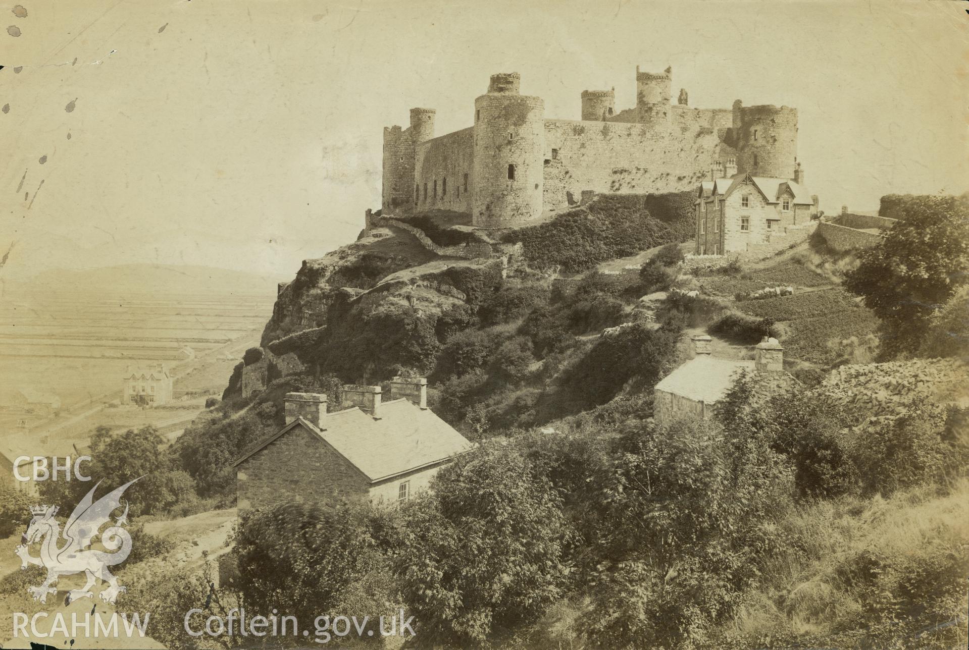 Digital copy of a black and white photograph relating to Harlech Castle: general view from south-west.