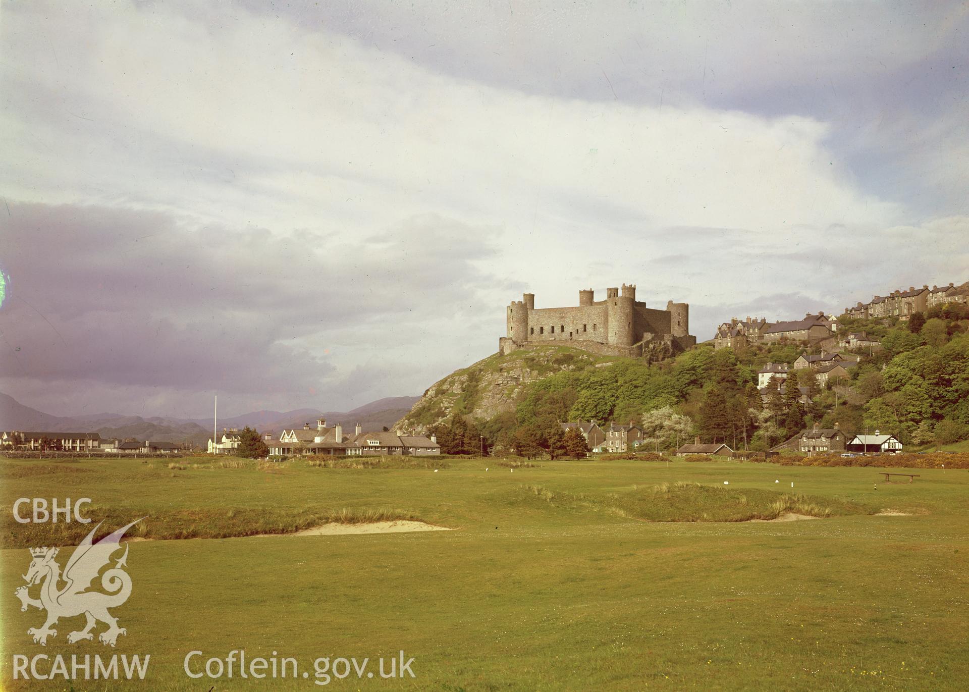 Digital copy of a colour negative showing a view of Harlech Castle.