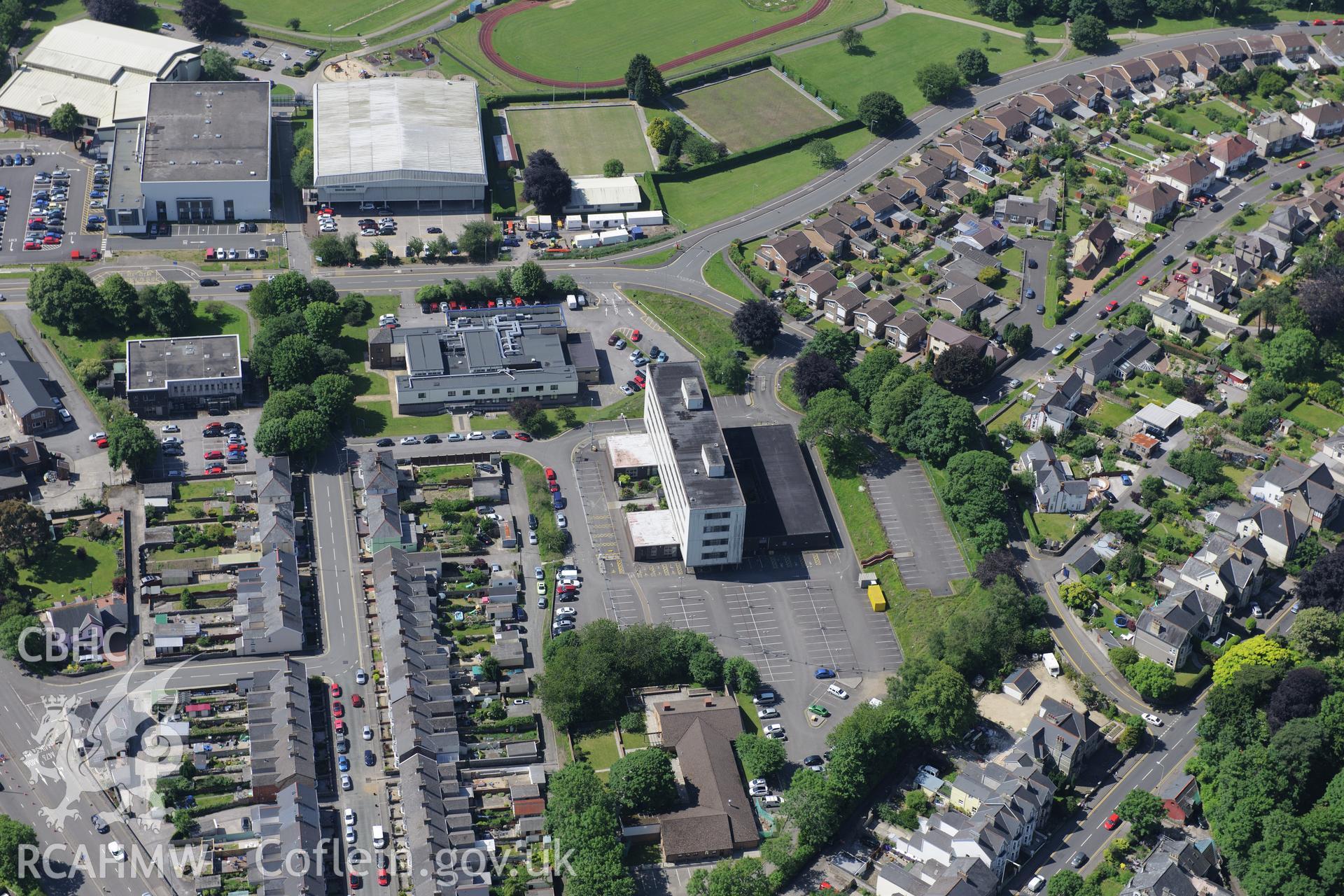 Newbridge playing fields; Bridgend Magistrates Court and other county offices, Bridgend. Oblique aerial photograph taken during the Royal Commission's programme of archaeological aerial reconnaissance by Toby Driver on 19th June 2015.
