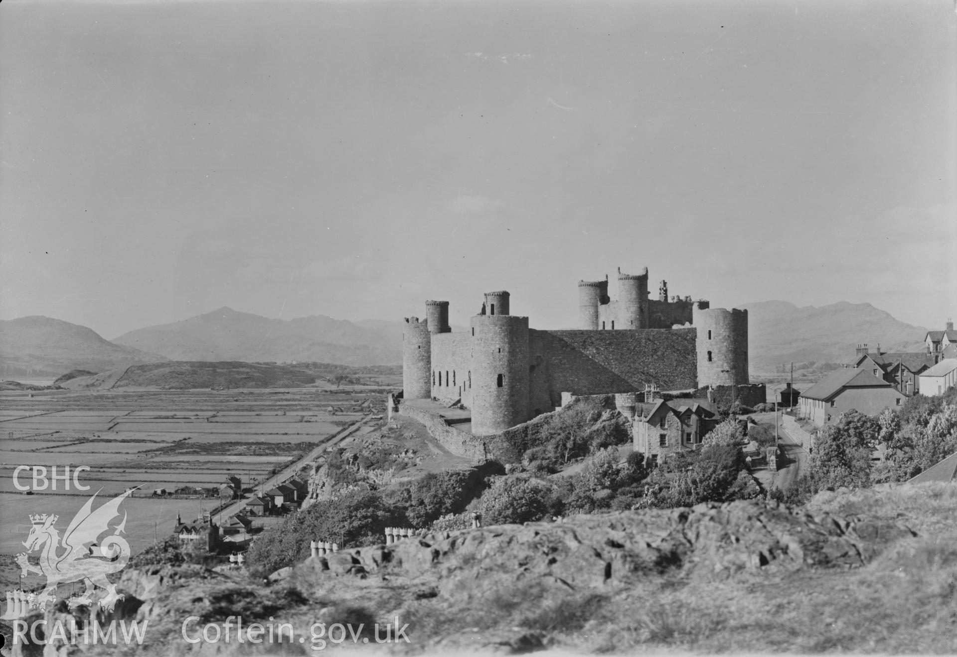 Digital copy of a nitrate negative showing view of Harlech Castle, dated 1964.