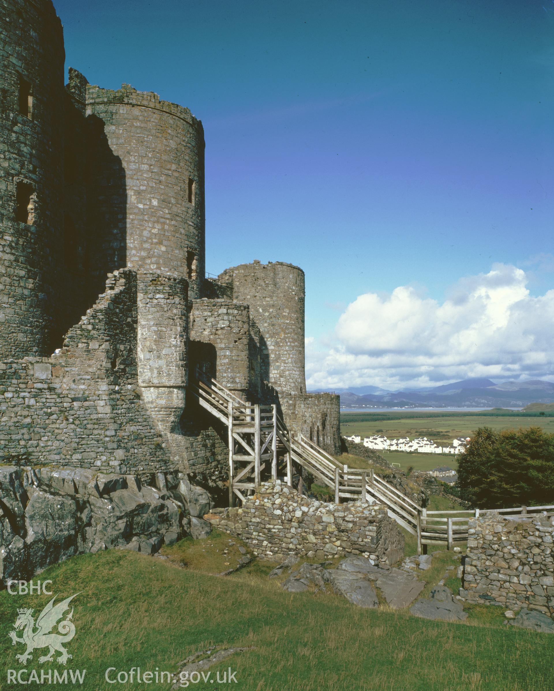 Digital copy of a colour negative showing Harlech Castle, dated 1968.