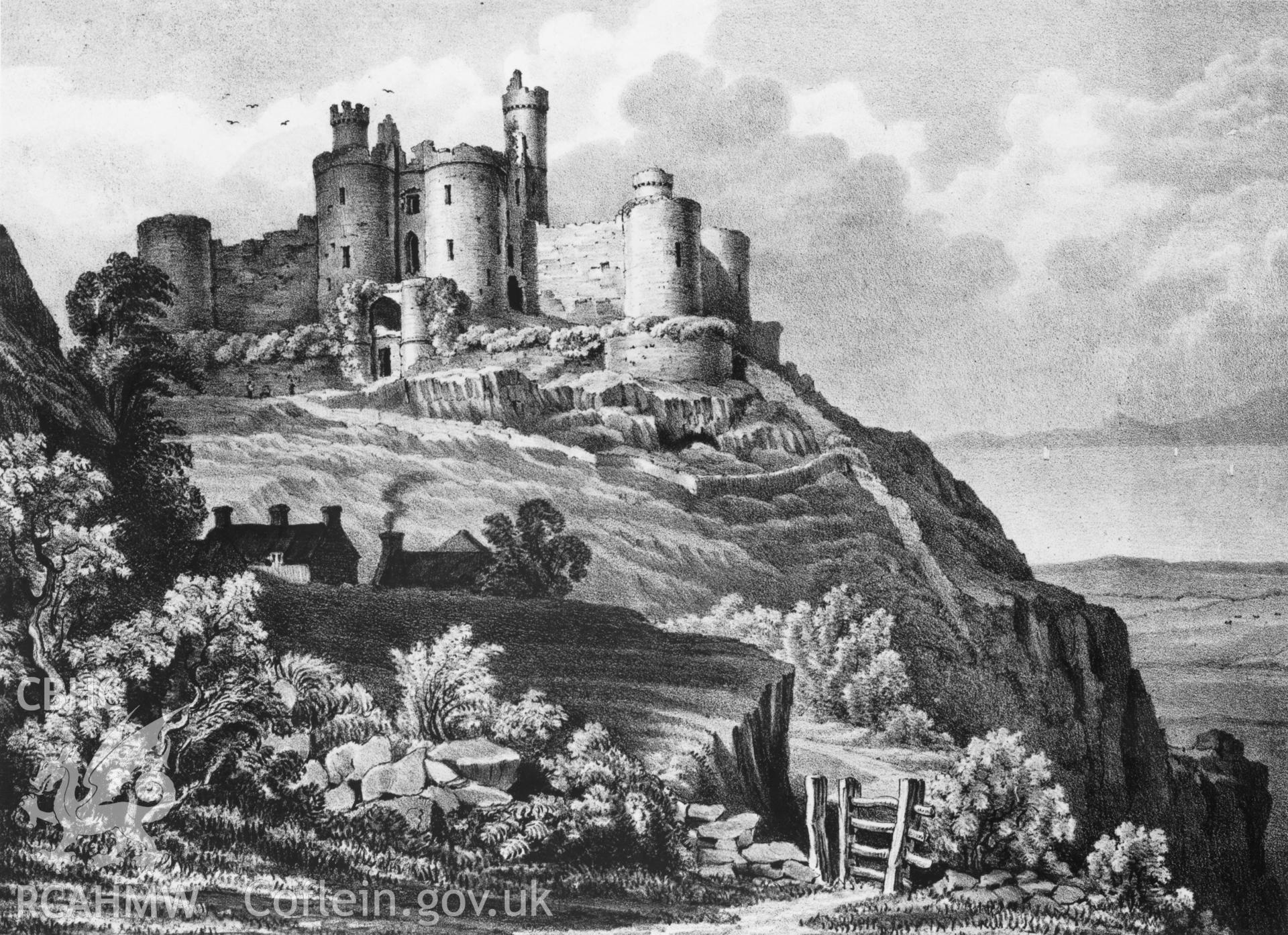Digital copy of a black and white illustration showing to Harlech Castle: general view from east, dated to the 18th century.