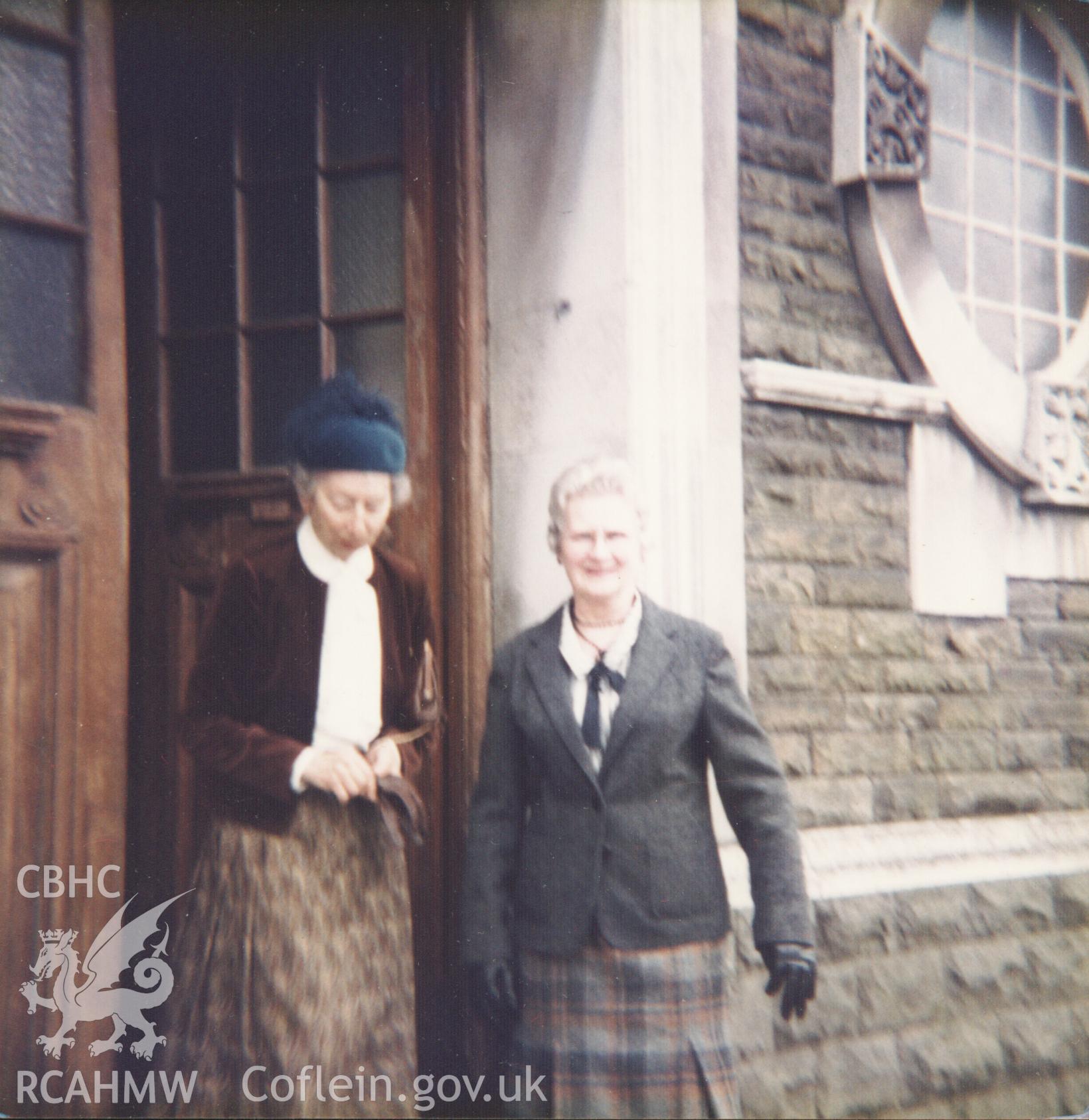Colour photograph of members of Bethania chapel congregation outside the front facade, 26th March 1985. Donated to the RCAHMW by Cyril Philips as part of the Digital Dissent Project.
