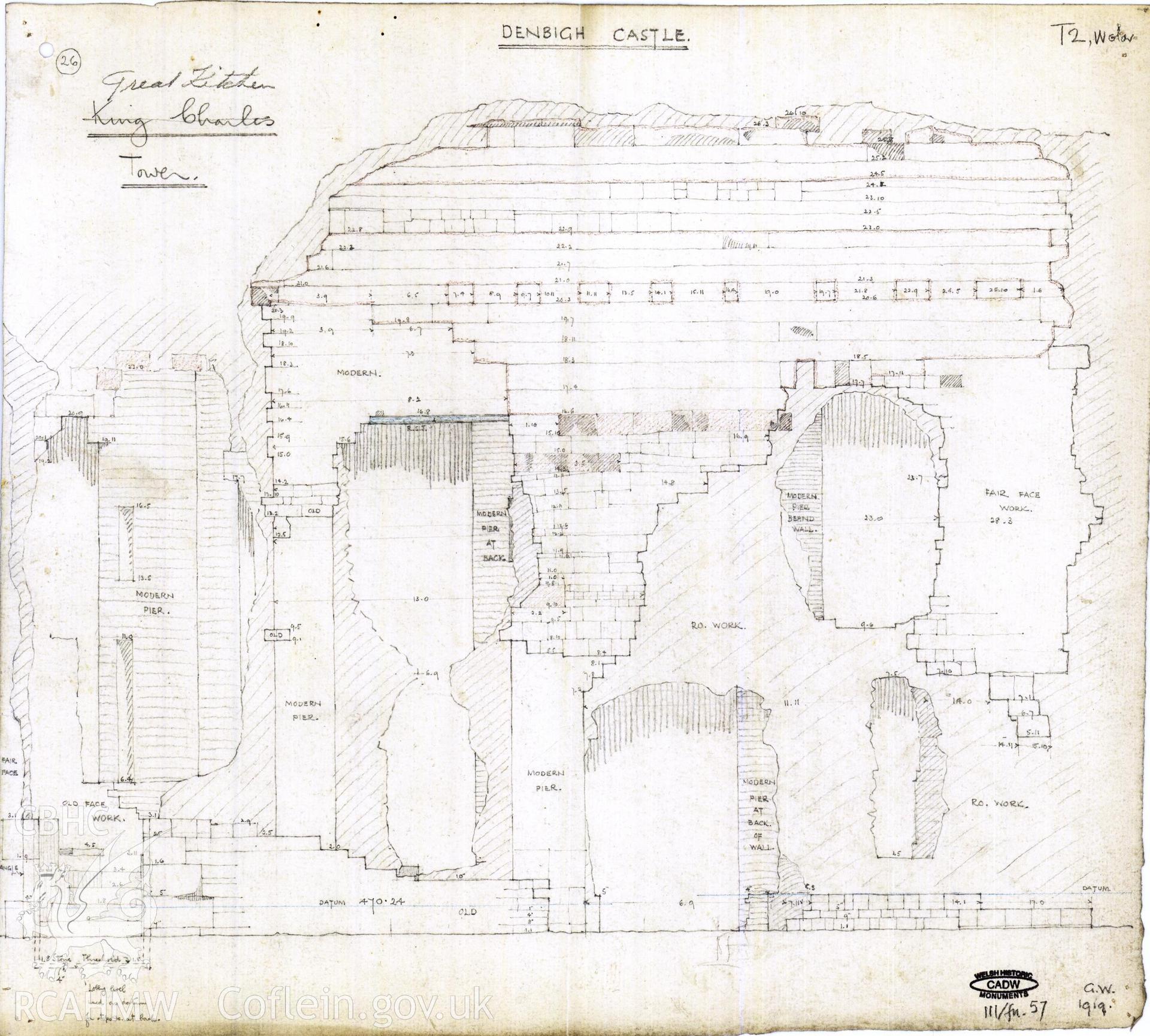 Cadw guardianship monument drawing of Denbigh Castle. T2, elevation to court. Cadw Ref. No:111/fn.57. No scale.