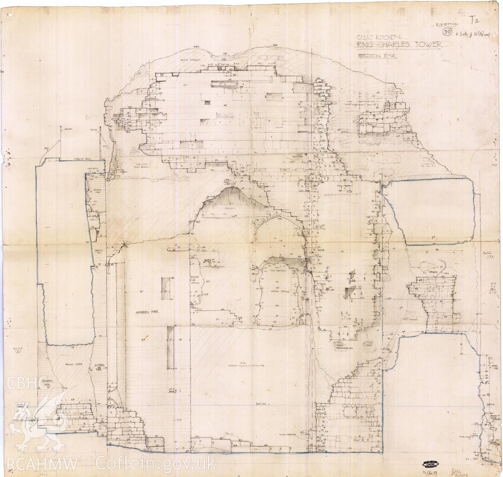 Cadw guardianship monument drawing of Denbigh Castle. T2, int elevation of N (l-h) wall. Cadw Ref. No:111/fn.59. No scale.