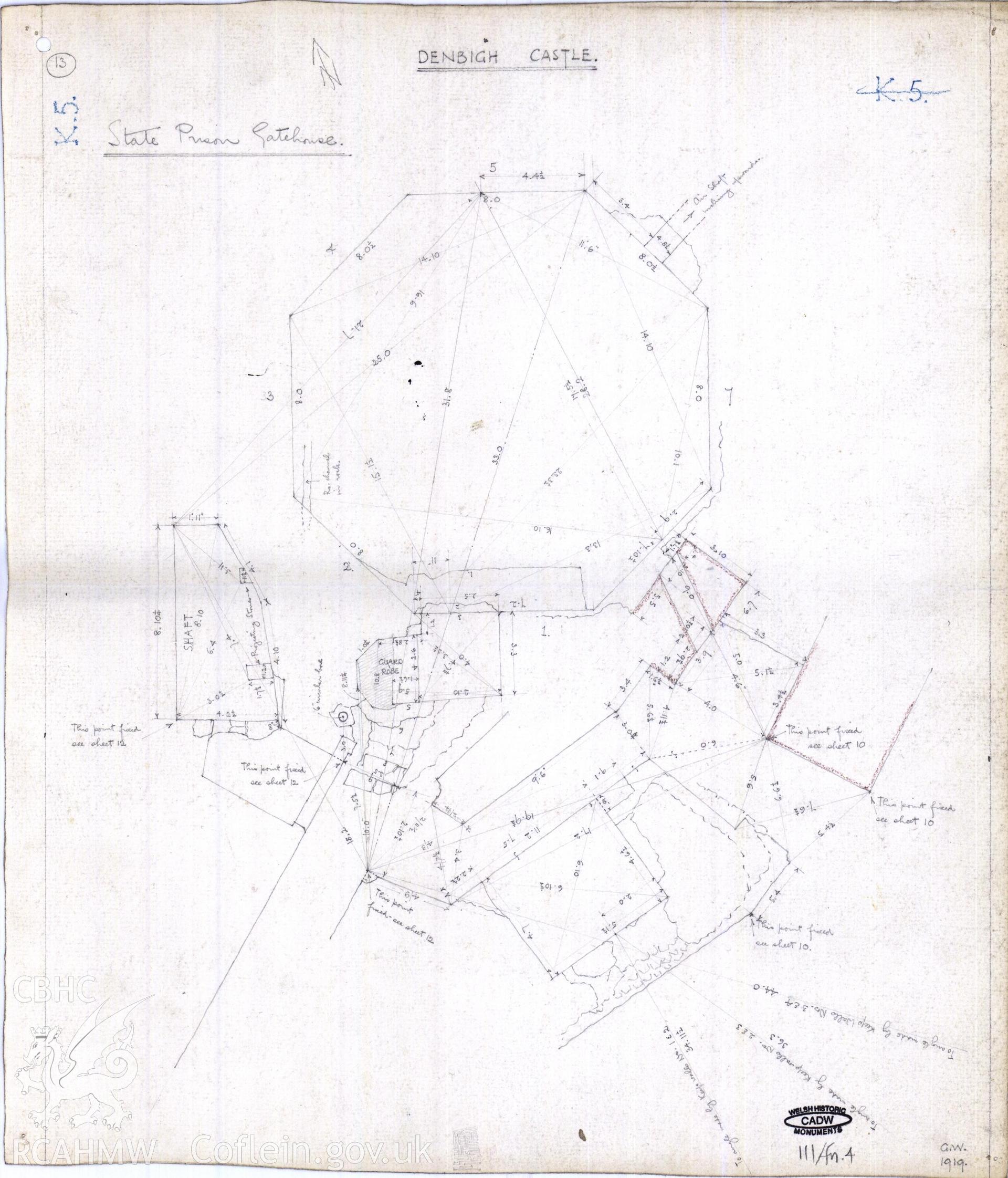 Cadw guardianship monument drawing of Denbigh Castle. T1, n & ground plan (13) K5. Cadw Ref. No:111/fn.4. No scale.