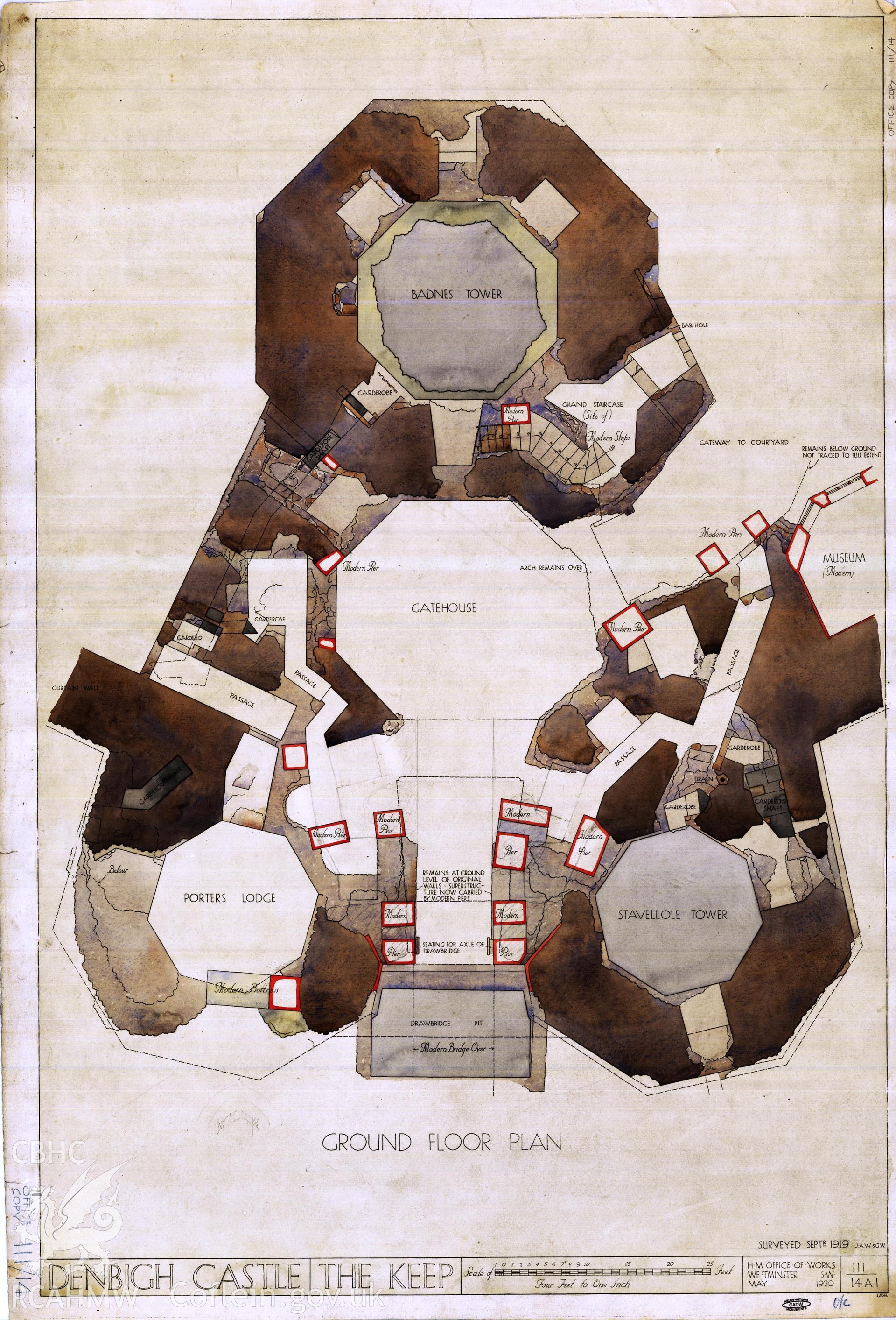 Cadw guardianship monument drawing of Denbigh Castle. T1, ground plan (tinted). Cadw Ref. No:111/14A1. Scale 1:48.
