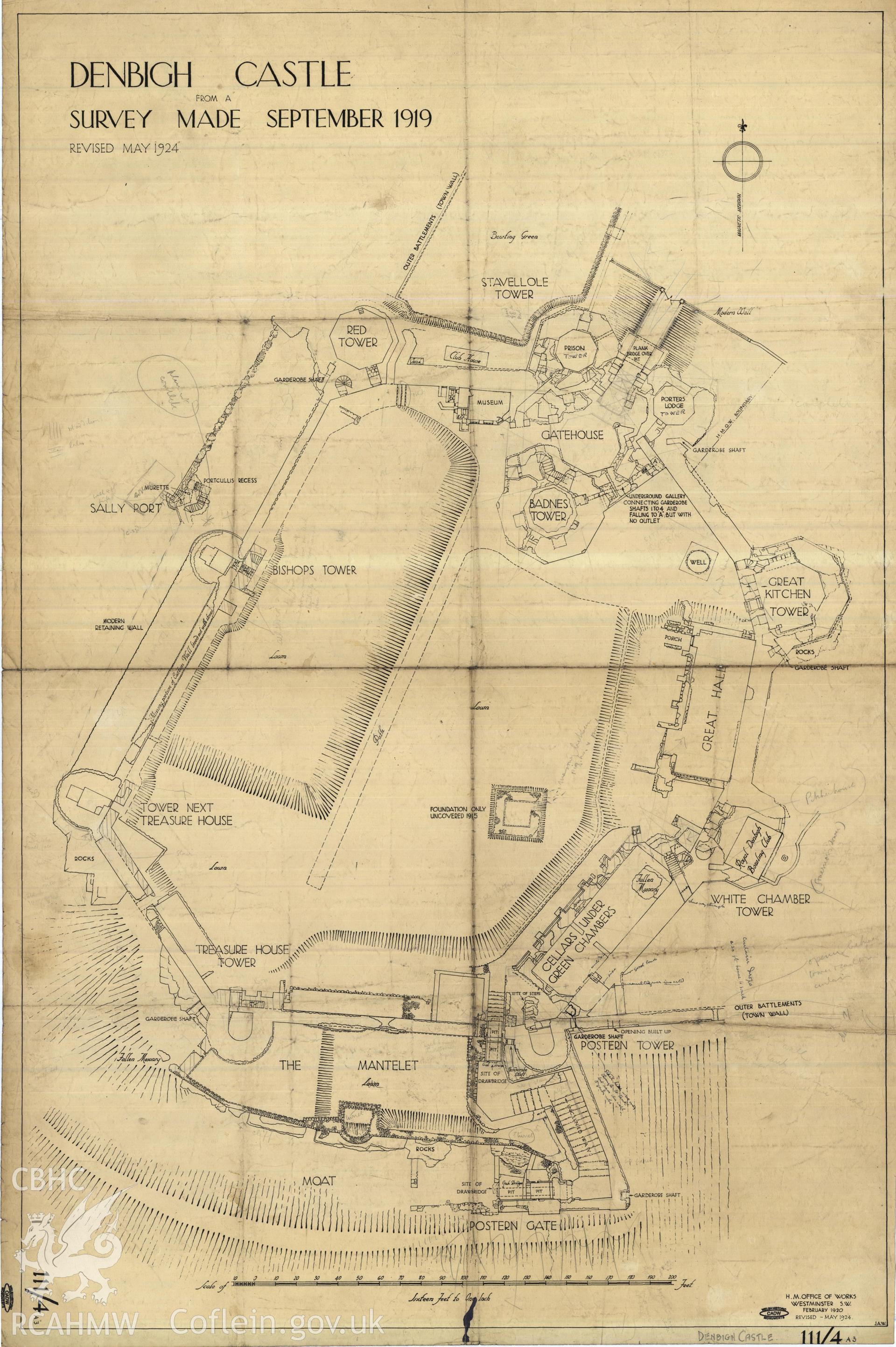 Cadw guardianship monument drawing of Denbigh Castle. General plan with notes. Cadw Ref. No:111/4A3. Scale 1:192.
