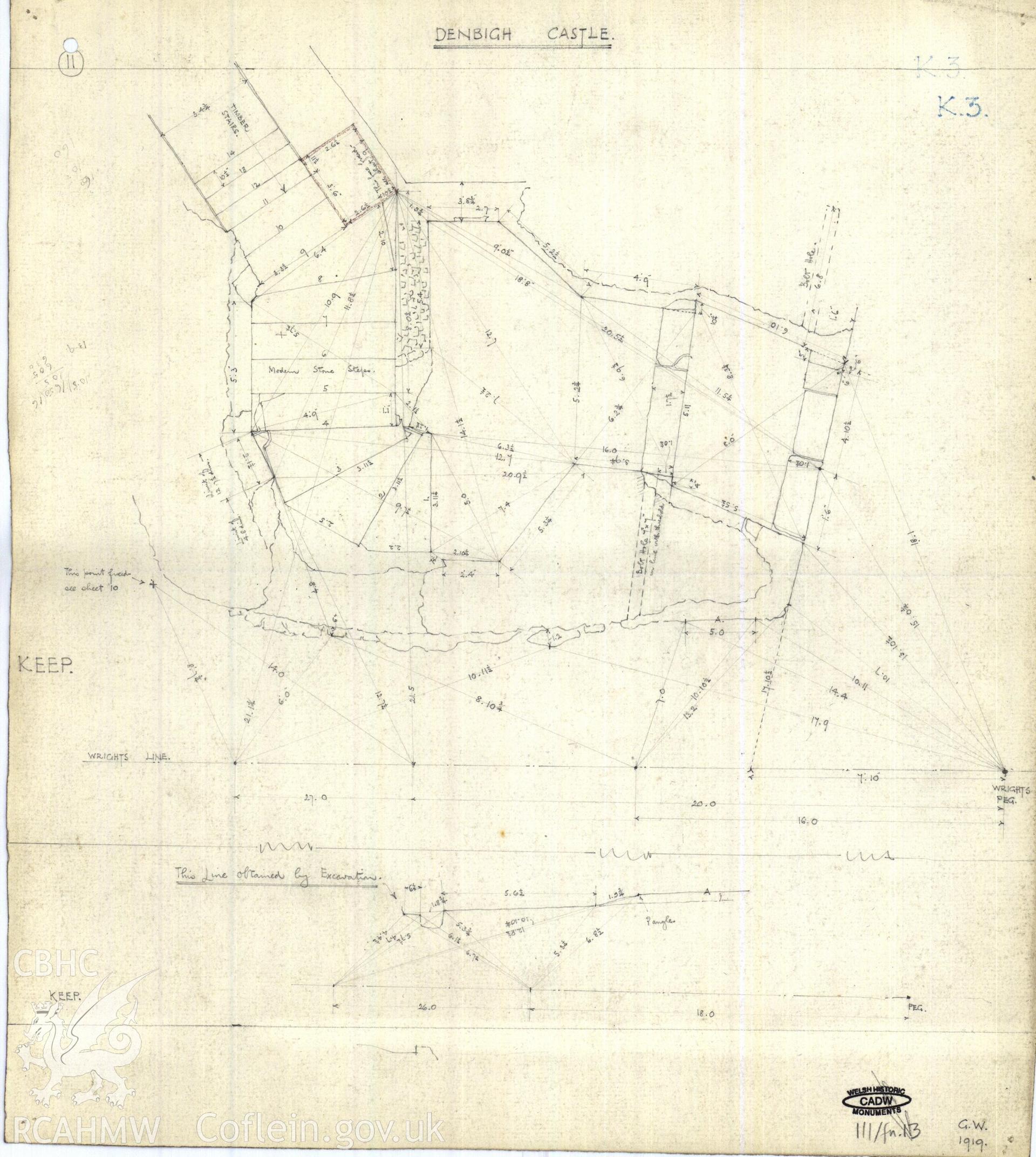 Cadw guardianship monument drawing of Denbigh Castle. T1, s, spiral stairs to NW (11) K3. Cadw Ref. No:111/fn.13. No scale.