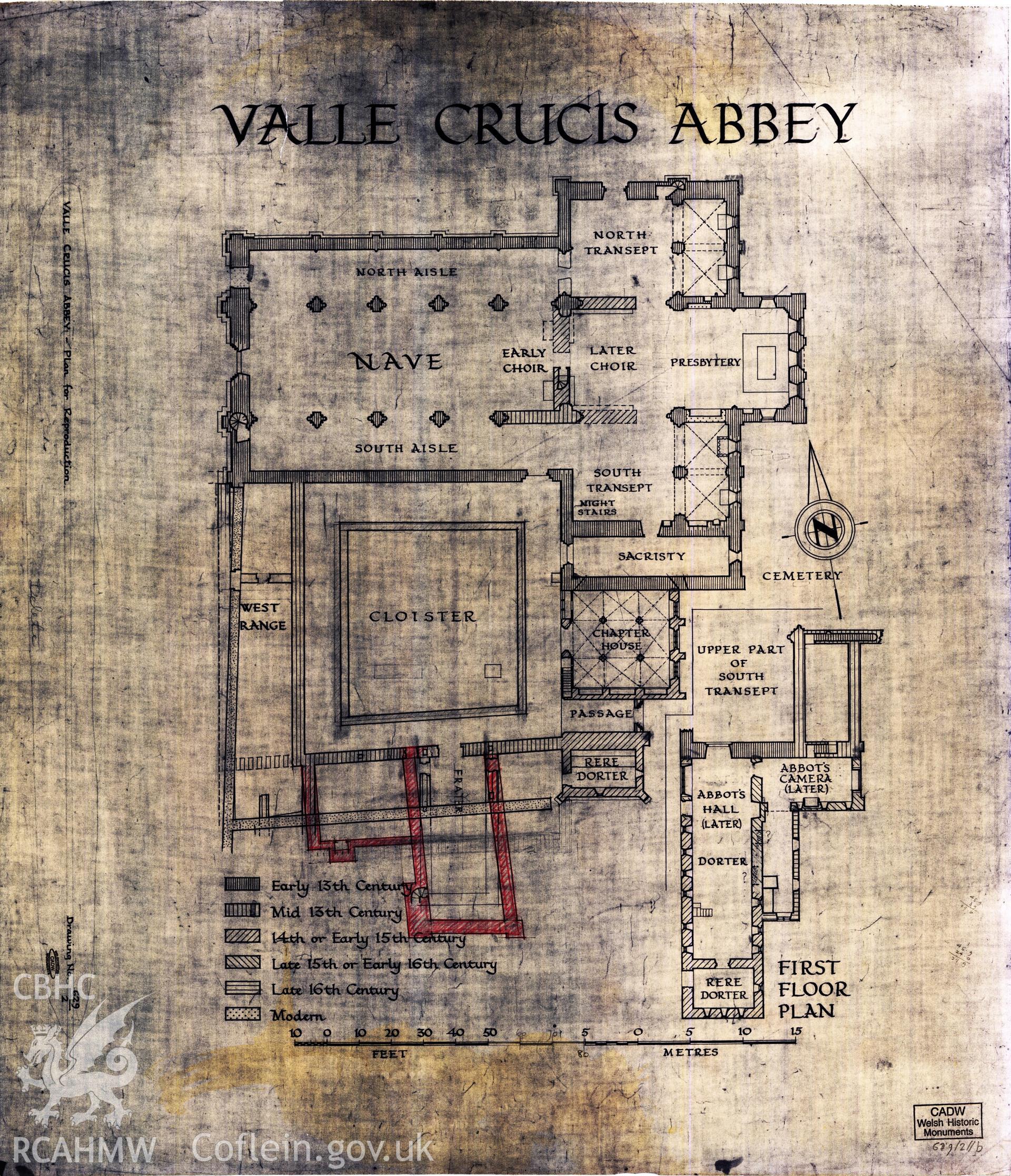 Cadw guardianship monument drawing of Valle Crucis Abbey. Plan with excavated frater. Cadw Ref. No:629/2//b. Scale 1:130.