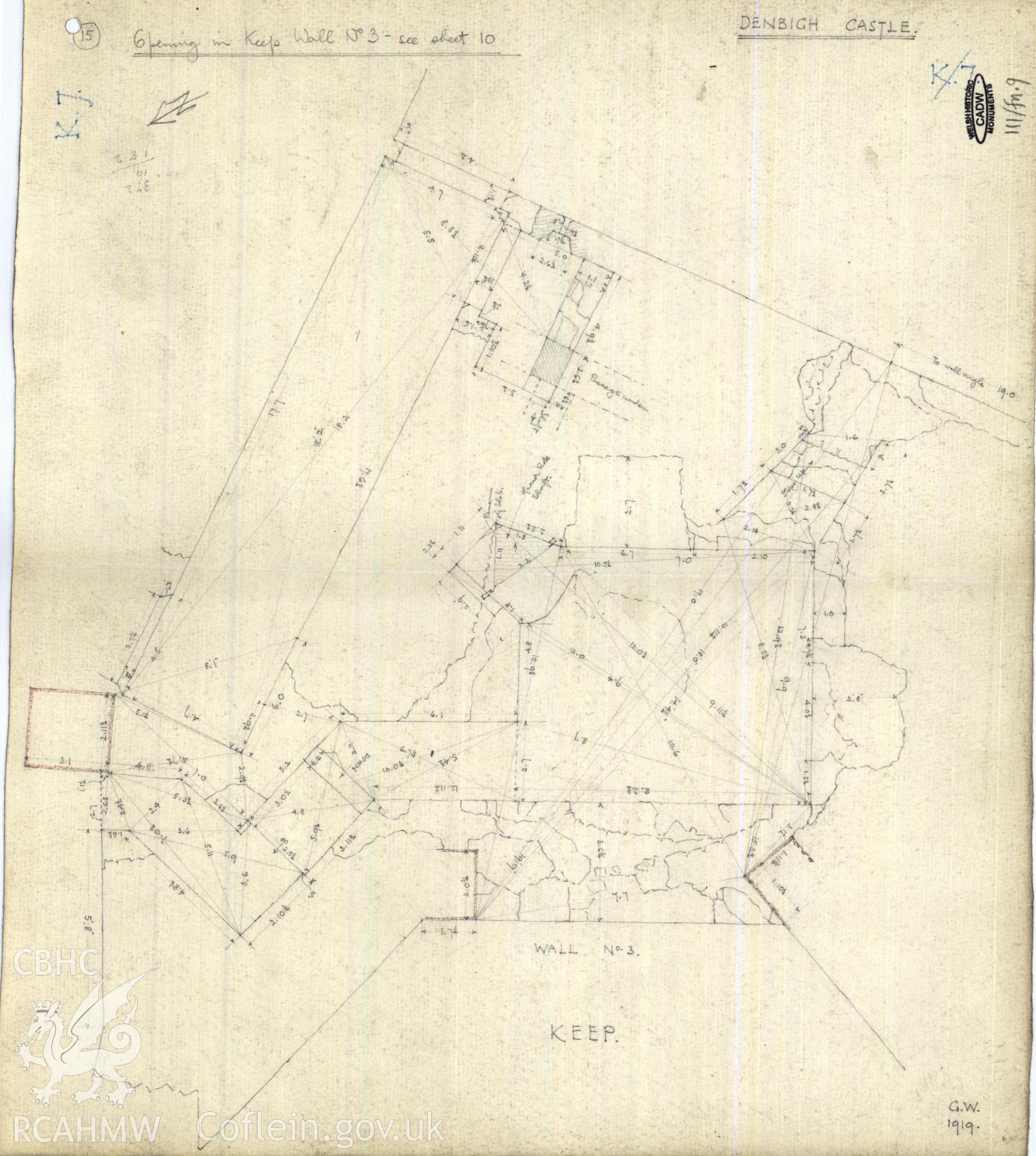 Cadw guardianship monument drawing of Denbigh Castle. T1, m, chamber etc to E (15) K7. Cadw Ref. No:111/fn.9. No scale.