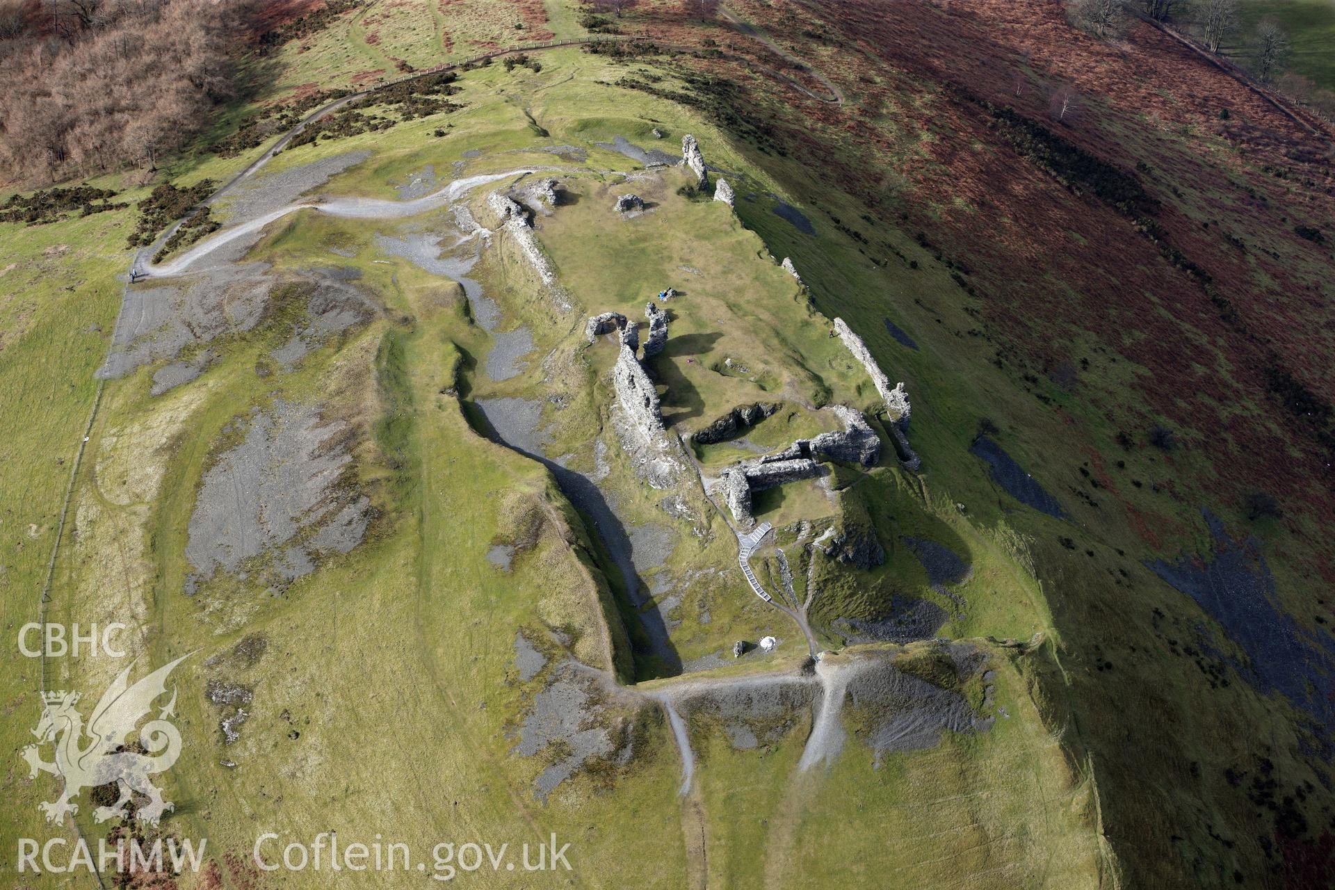 Castell Dinas Bran ruined castle and earthwork enclosure, east of Llangollen. Oblique aerial photograph taken during the Royal Commission?s programme of archaeological aerial reconnaissance by Toby Driver on 28th February 2013.