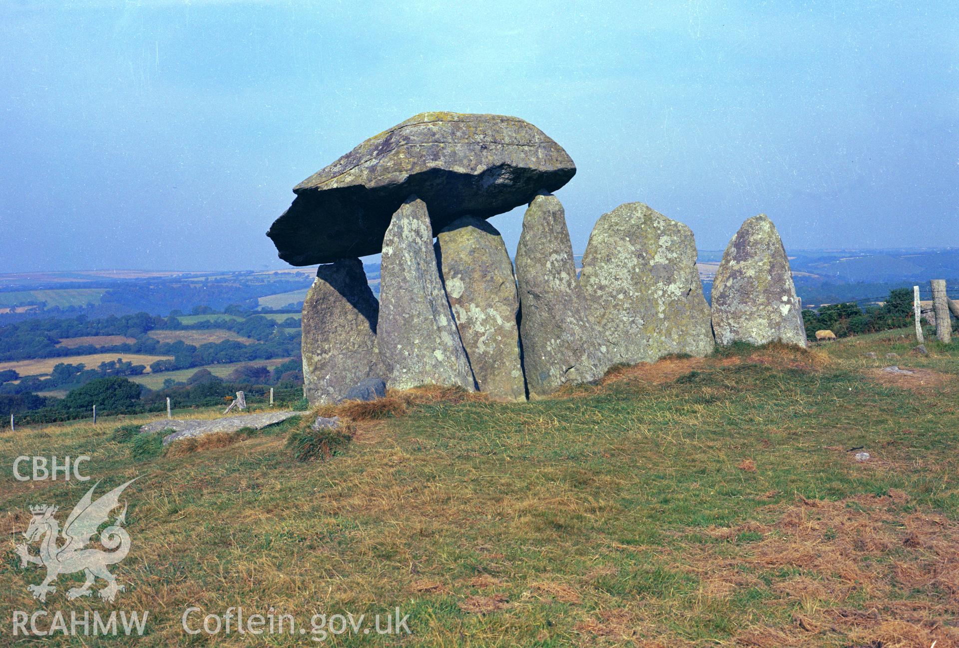 Digital copy of a colour negative showing view of Pentre Ifan Cromlech, taken by RCAHMW.