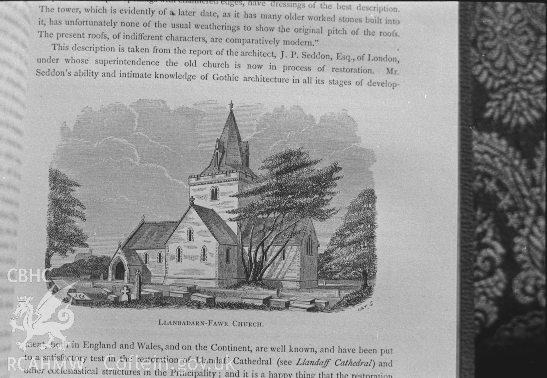 Drawing entitled 'Llanbadarn-Fawr Church.' From 'Annals of the counties and county families of Wales' vol 1 by Thomas Nicholas, 1872. Photographed by Arthur O. Chater in January 1968 for his own private research.