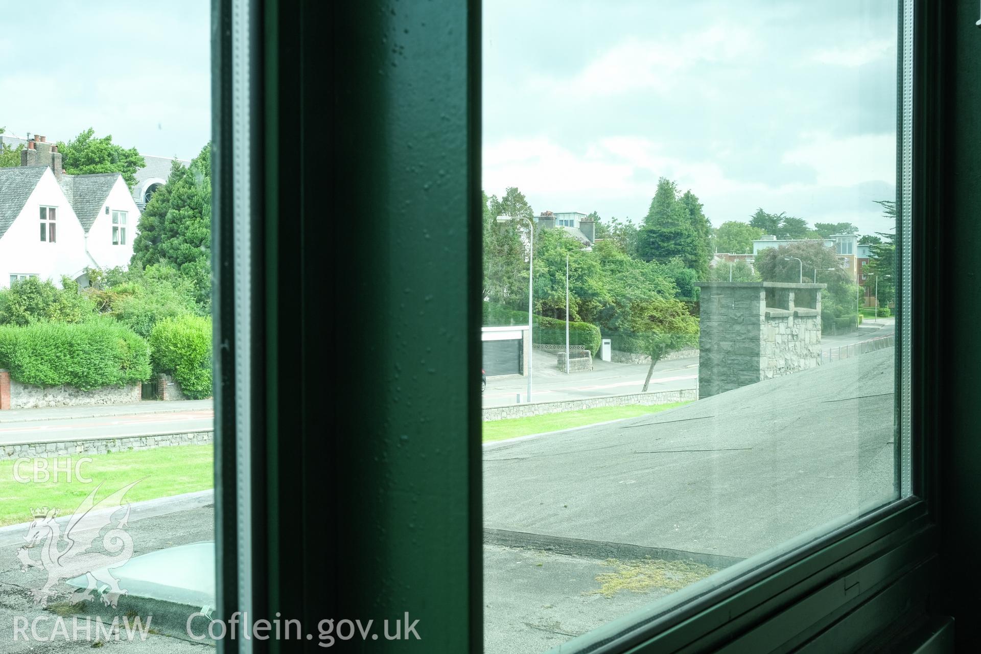 Digital colour photograph showing view from window at Caernarfonshire Technical College, Ffriddoedd Road, Bangor. Photographed by Dilys Morgan and donated by Wyn Thomas of Grwp Llandrillo-Menai Further Education College, 2019.