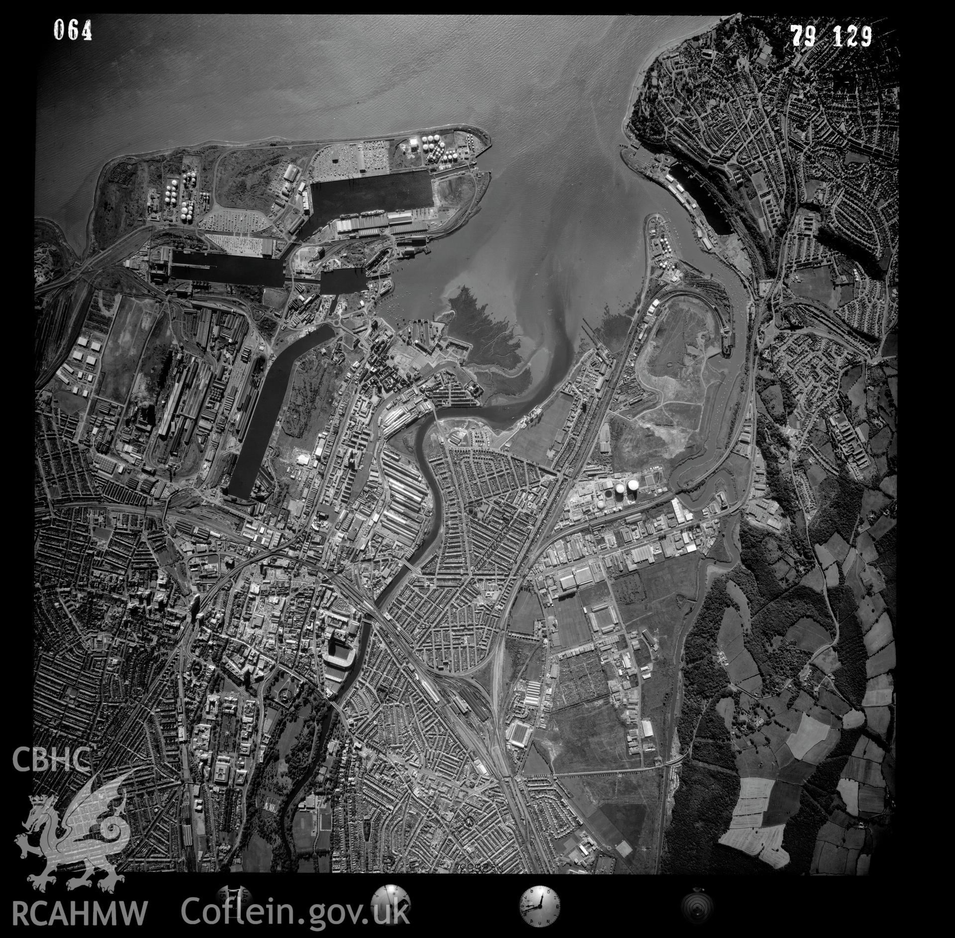 Digital copy of an aerial photograph showing the Cardiff Bay area, taken by Ordnance Survey, 1979.