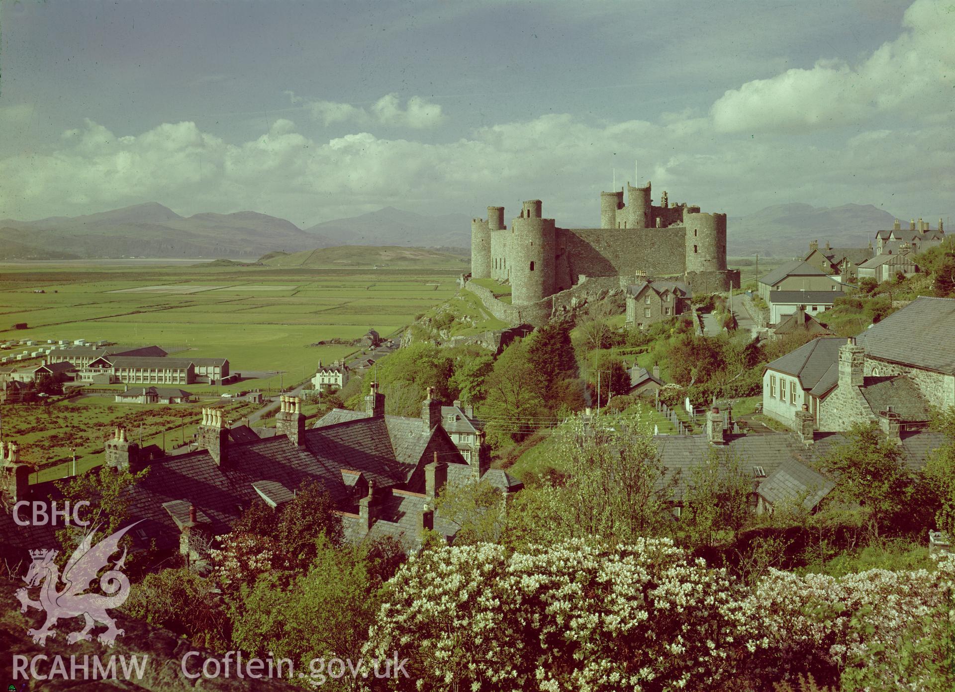 Digital copy of a nitrate negative showing view of Harlech Castle from the south.