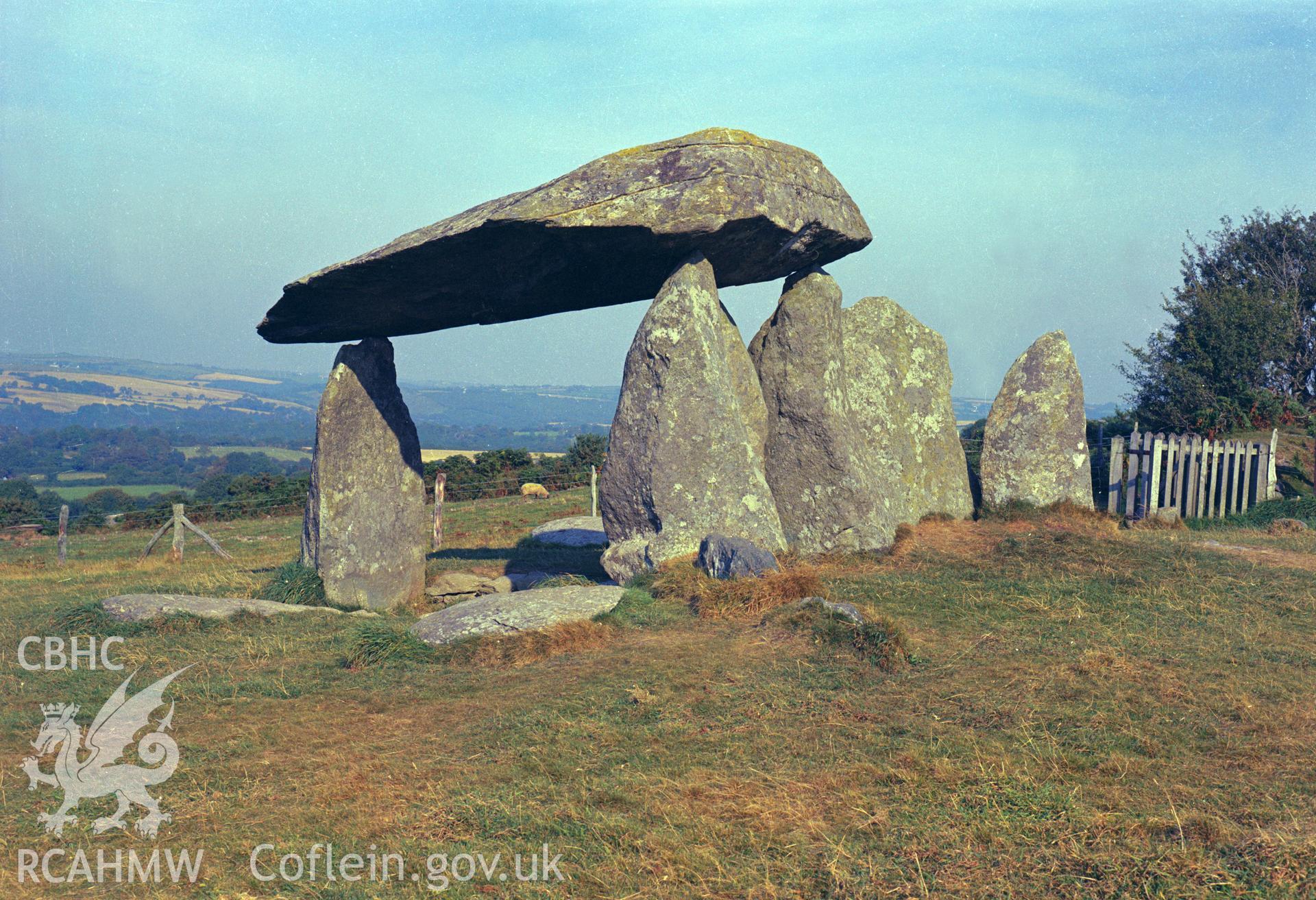 Digital copy of a colour negative showing view of Pentre Ifan Cromlech, taken by RCAHMW.