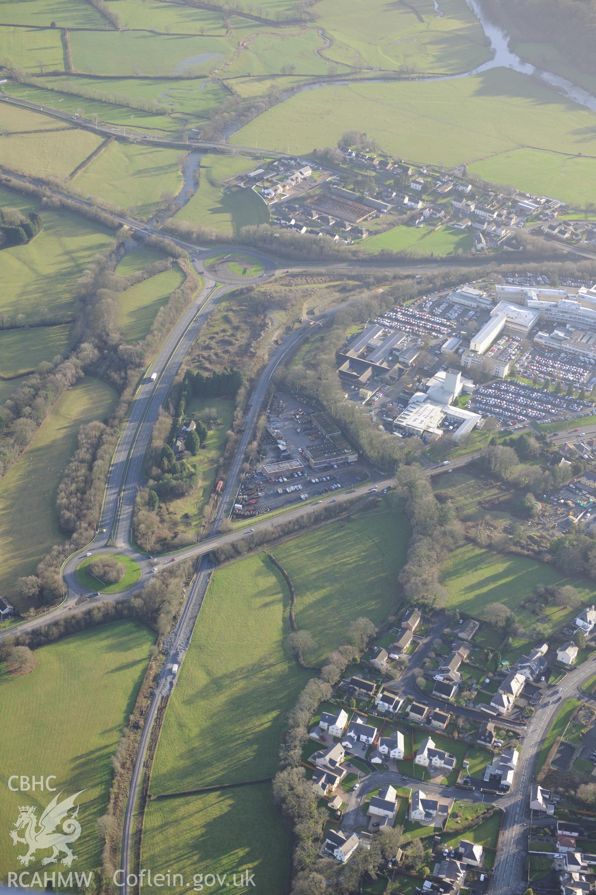 West Wales General Hospital, Carmarthen. Oblique aerial photograph taken during the Royal Commission's programme of archaeological aerial reconnaissance by Toby Driver on 6th January 2015.