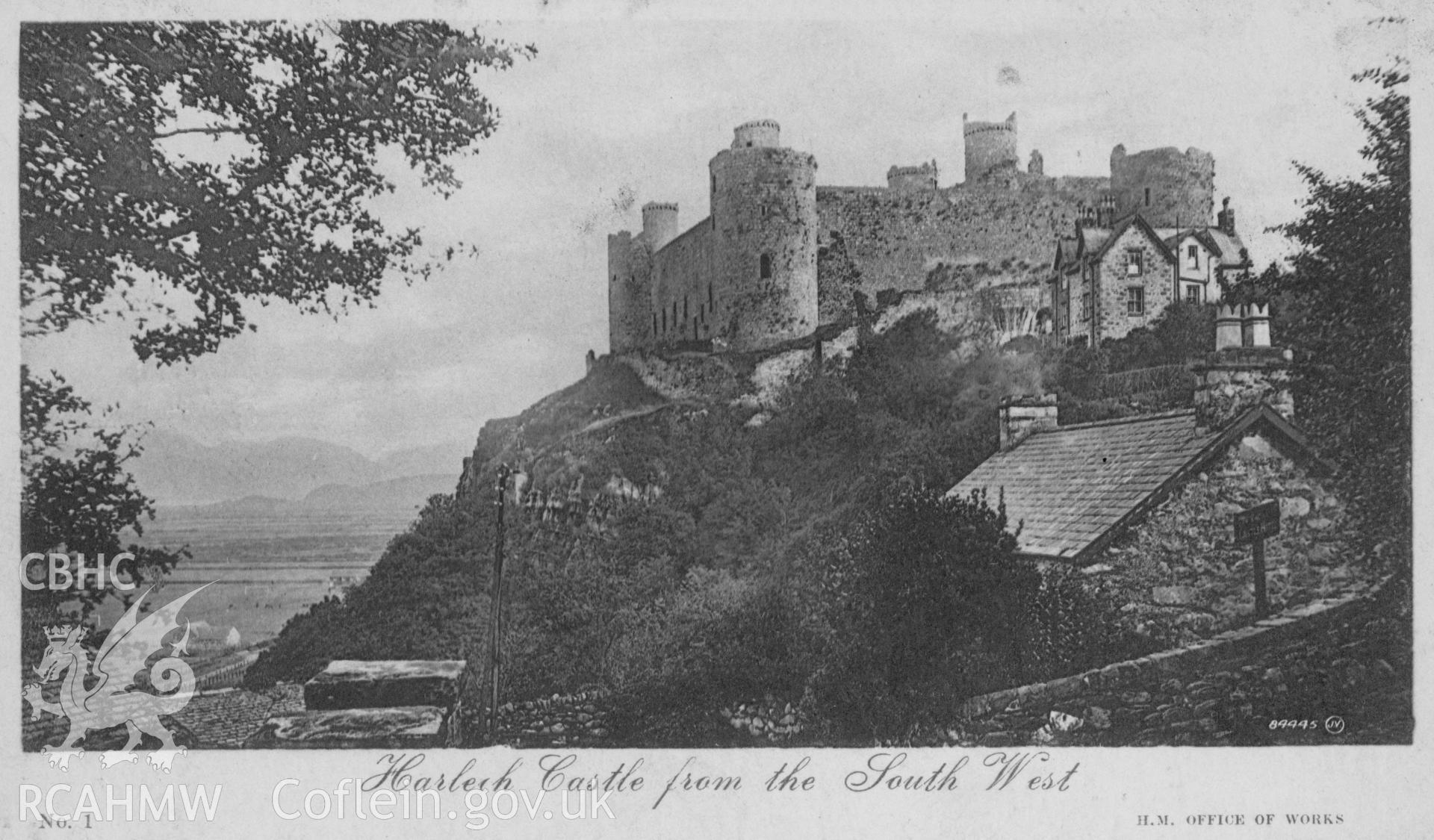 Digital copy of a black and white postcard relating to Harlech Castle: general view from north-west.