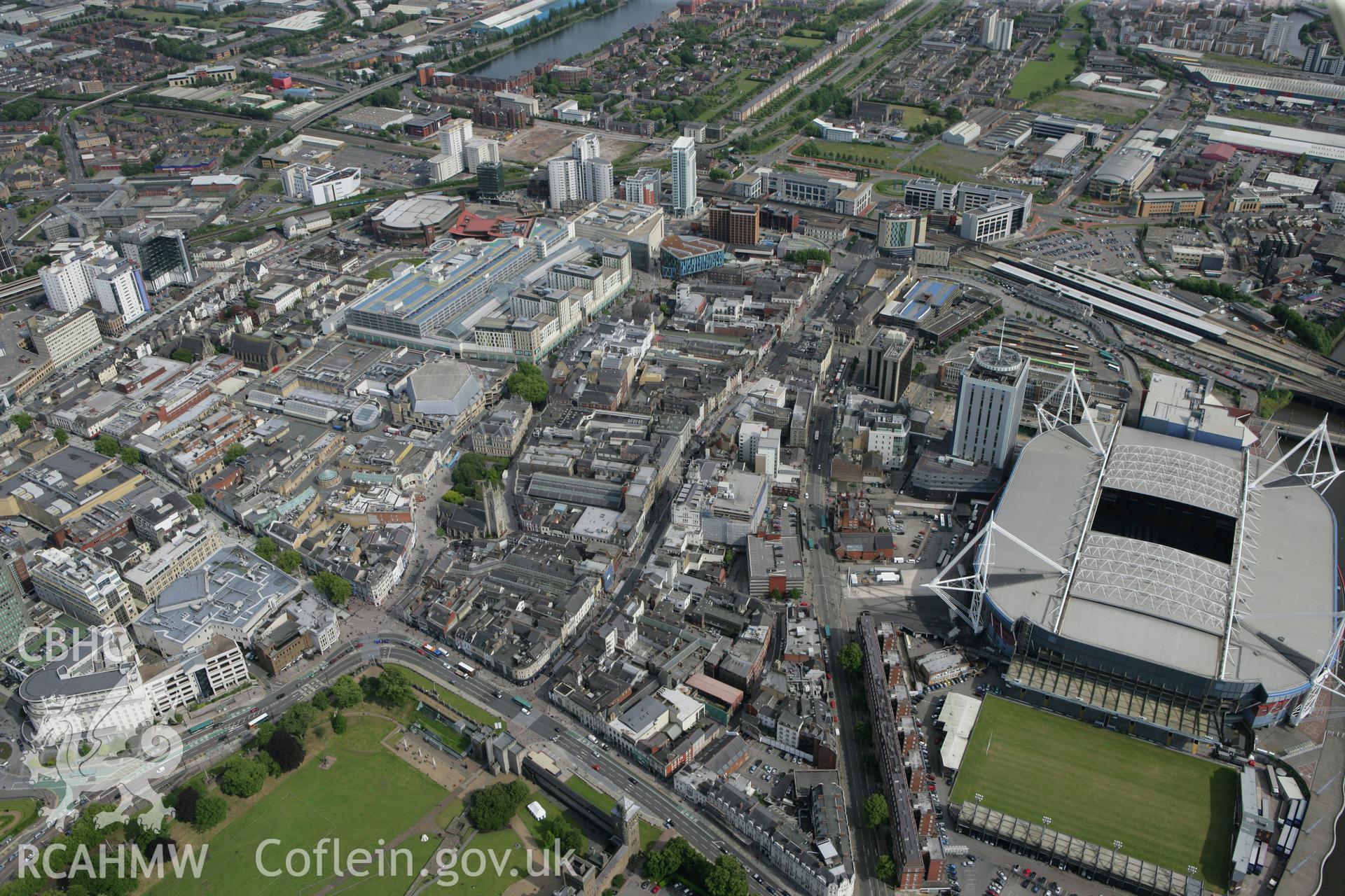 RCAHMW colour oblique photograph of Cardiff city centre. Taken by Toby Driver on 13/06/2011.