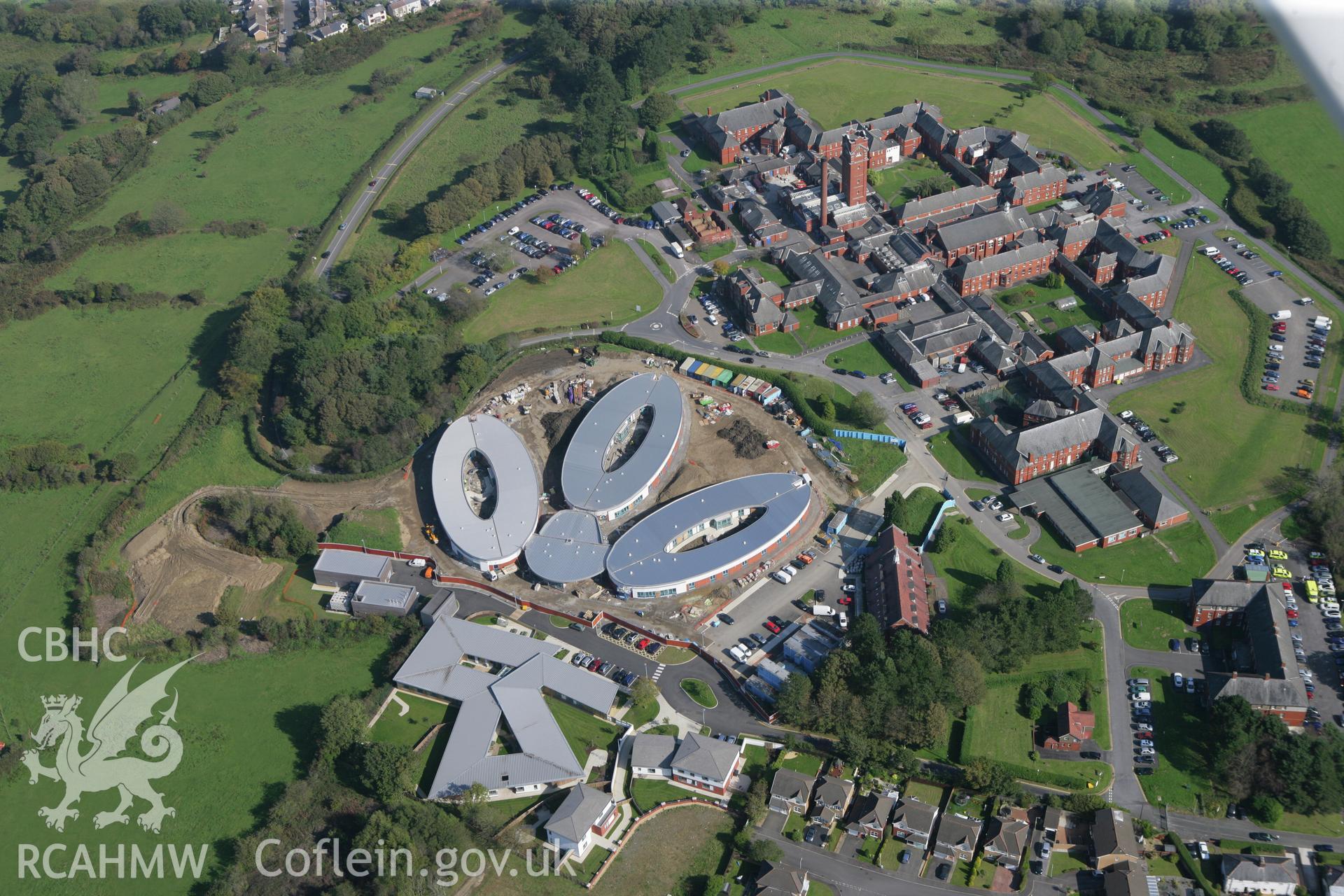 RCAHMW colour oblique photograph of Cefn Coed Hospital with new dementia unit. Taken by Toby Driver and Oliver Davies on 28/09/2011.