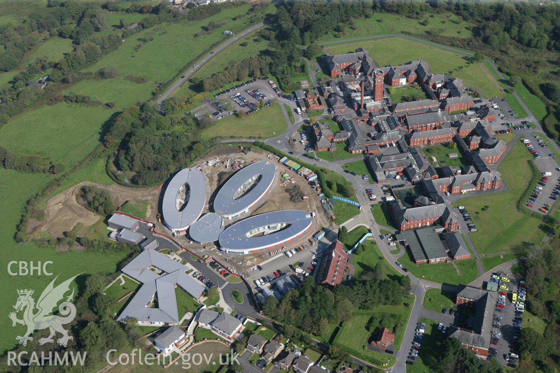 RCAHMW colour oblique photograph of Cefn Coed Hospital with new dementia unit. Taken by Toby Driver and Oliver Davies on 28/09/2011.