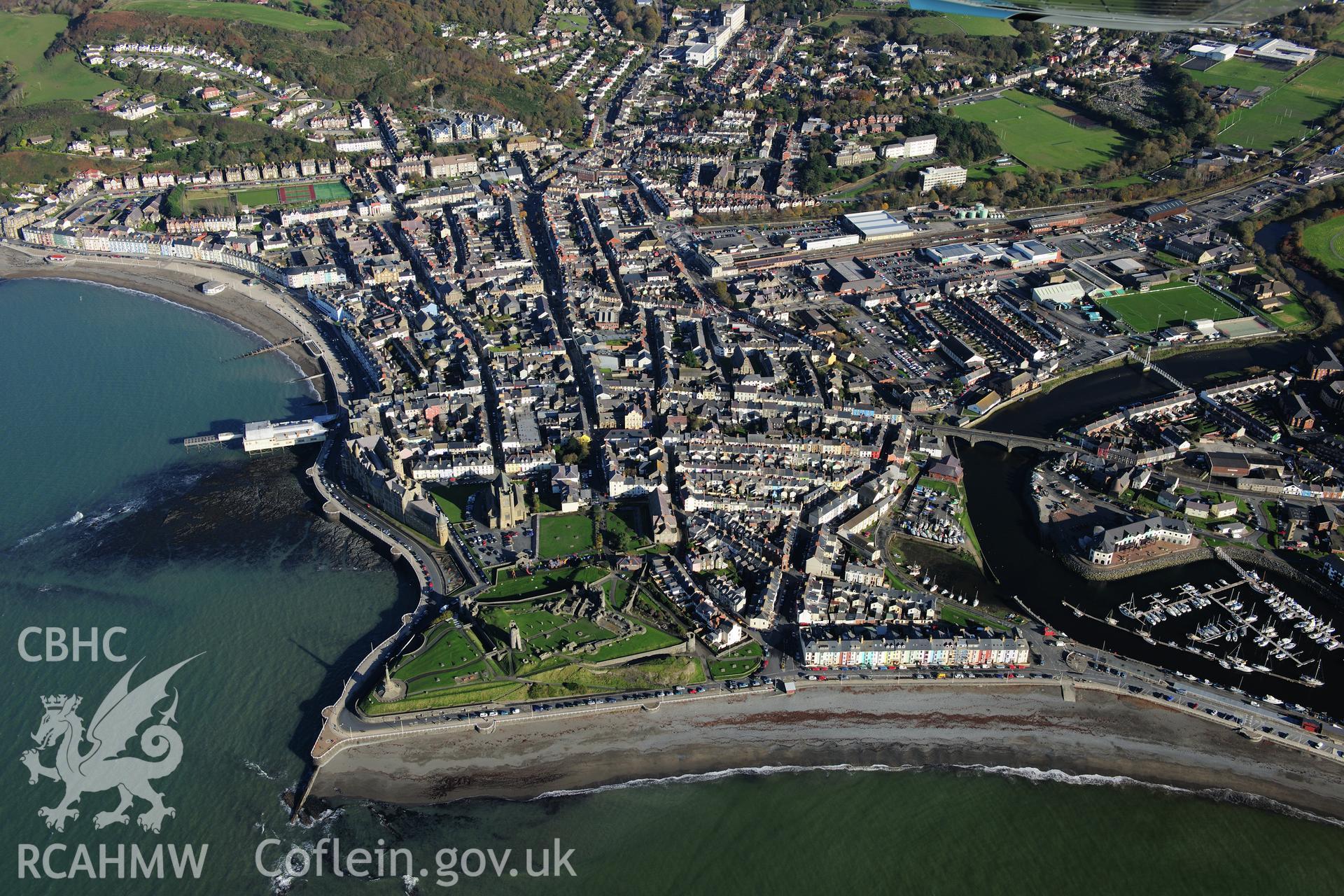 RCAHMW colour oblique photograph of Aberystwyth Castle, and town. Taken by Toby Driver on 05/11/2012.