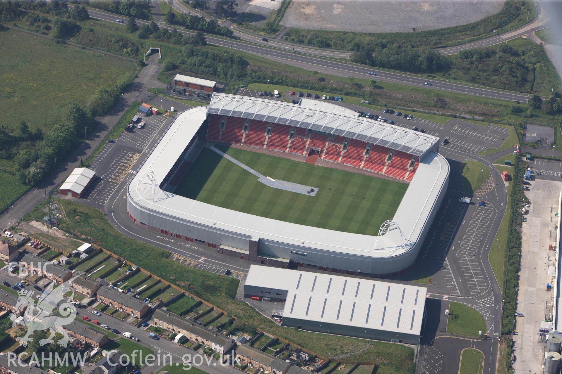 RCAHMW colour oblique photograph of Close view of Parc y Scarlets, looking south west. Taken by Toby Driver on 24/05/2012.