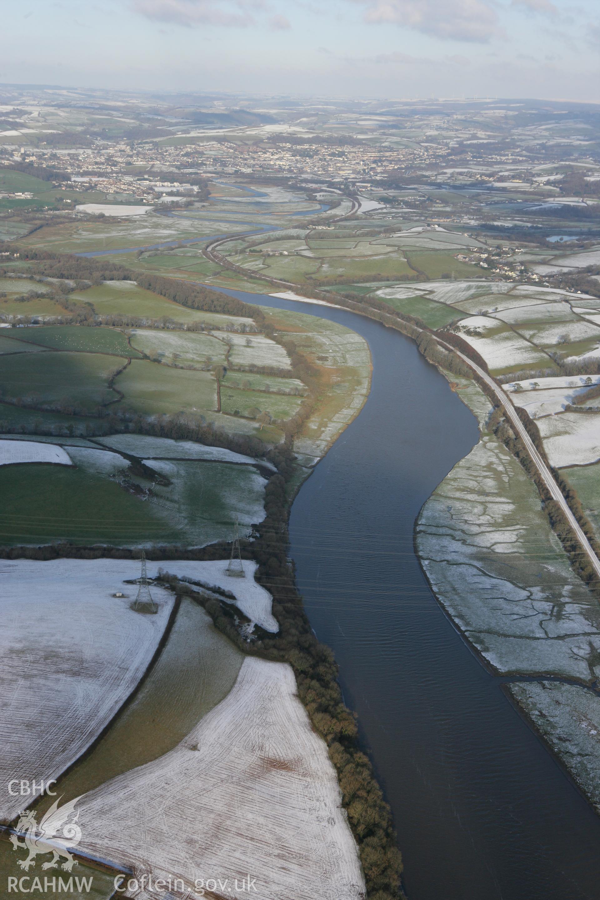 RCAHMW colour oblique photograph of the River Twyi, looking north to Carmarthen. Taken by Toby Driver on 01/12/2010.